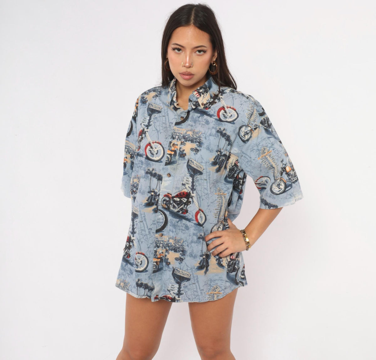 Y2K Redhead Motorcycle Print Button-Up Shirt Blue Cotton Medium
