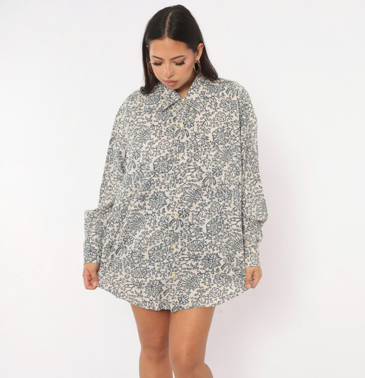 90s Banana Republic Floral Print Cotton Shirt Cream Navy Button Front Extra Large