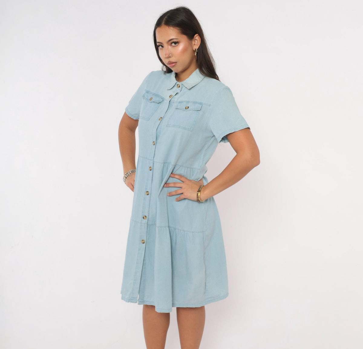 90s Light Blue Chambray Denim Shirt Dress Tiered Knee-Length Cotton Small S