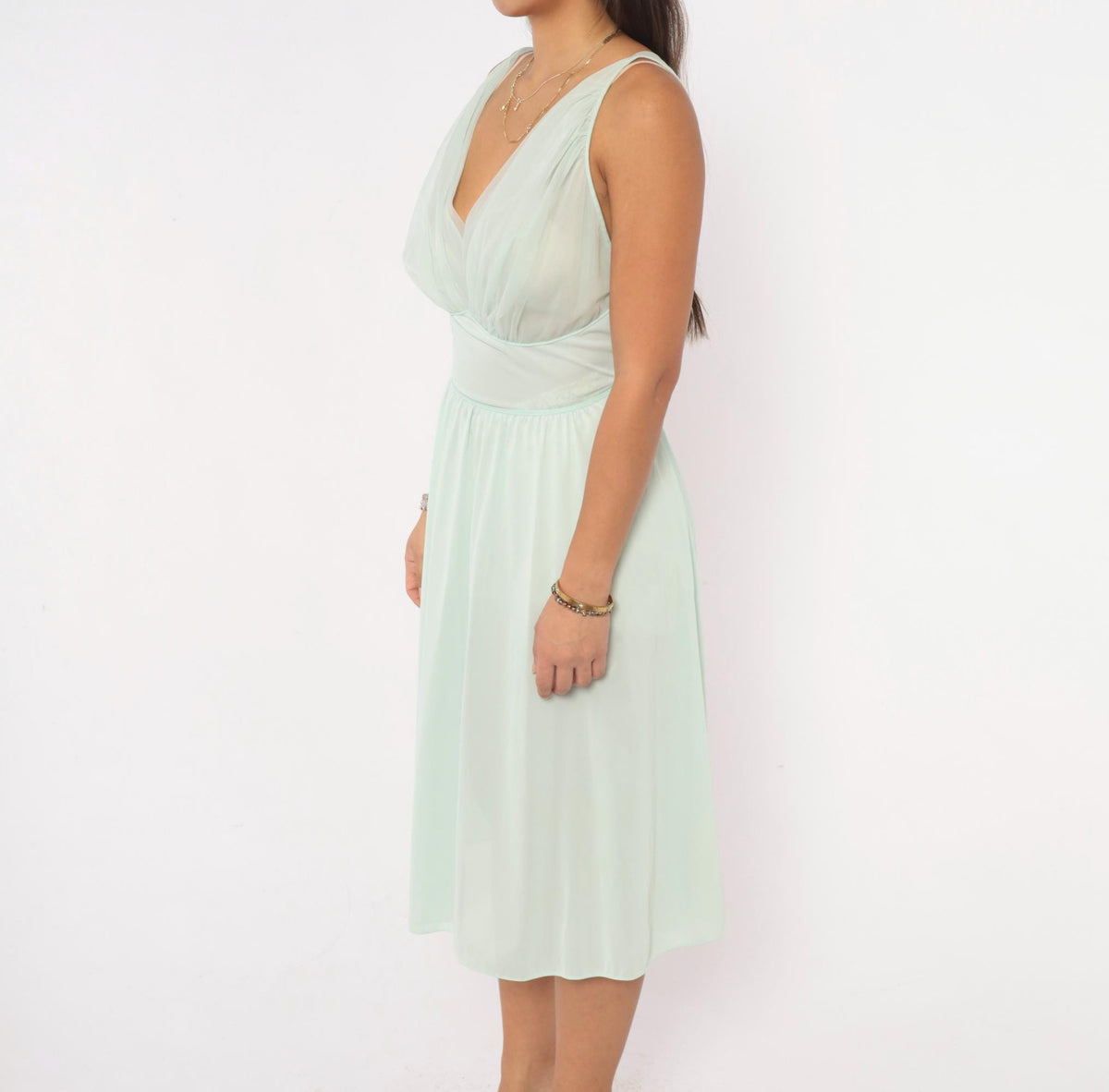 70s Vanity Fair Seafoam Nightgown Deep V Sheer Slip Dress Large L