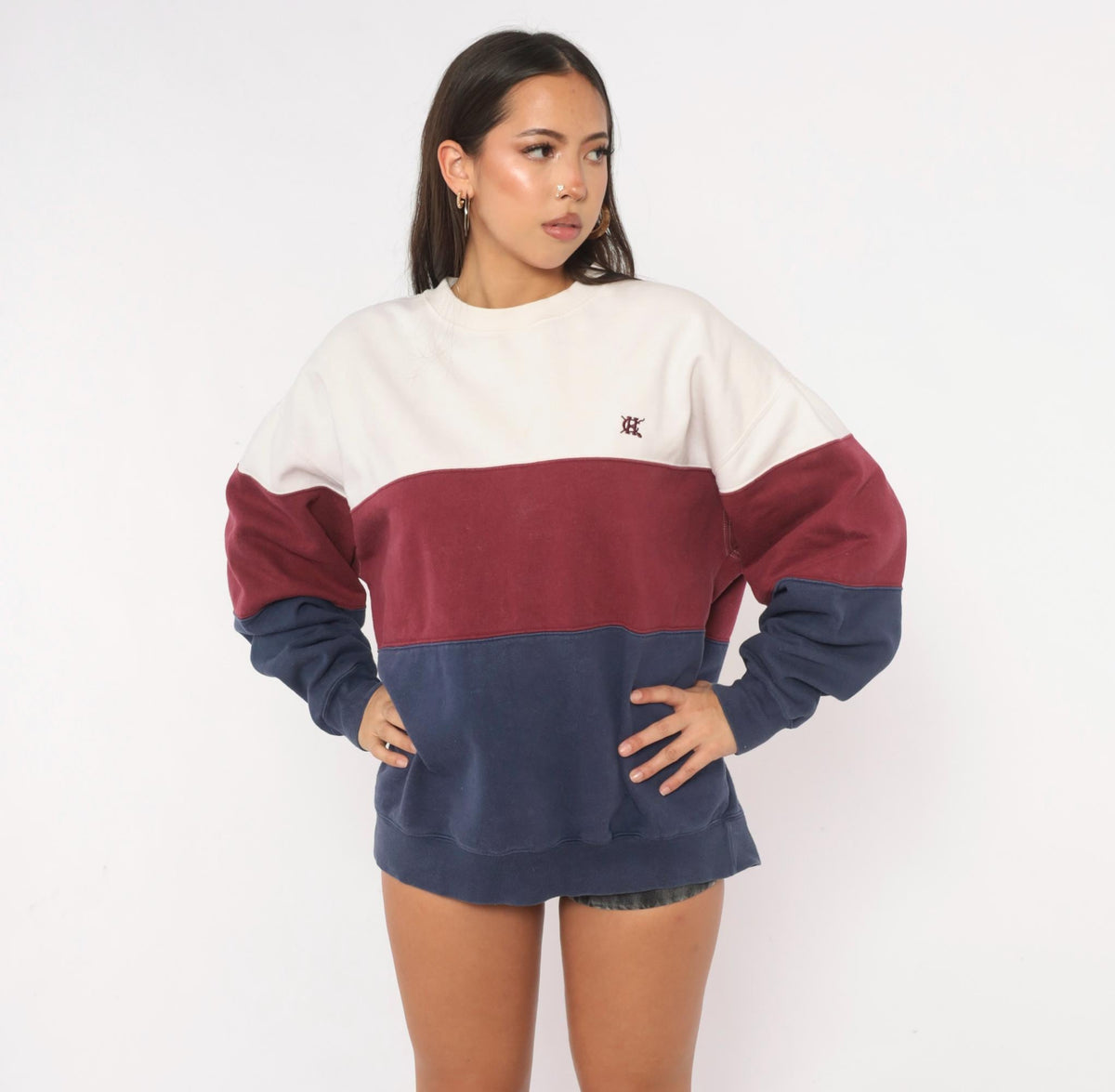 90s Hunt Club Color Block Sweatshirt Cream Burgundy Navy Crewneck Large L