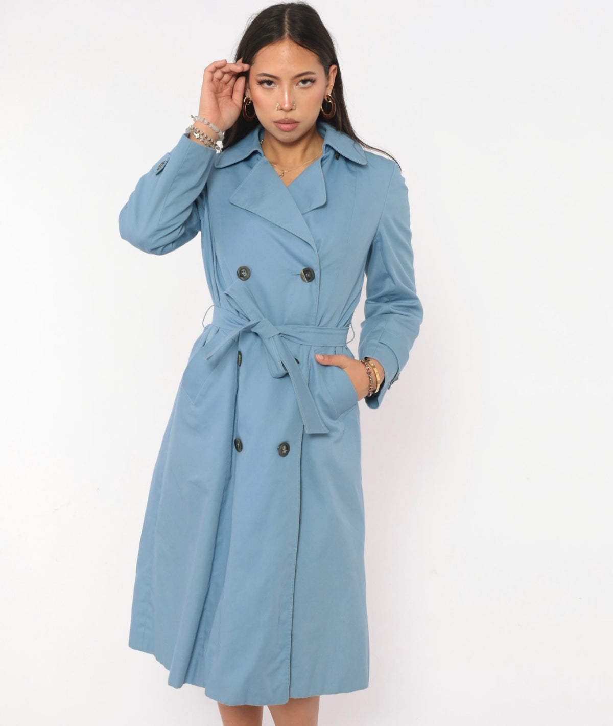 70s Aquascutum Light Blue Trench Coat Double Breasted Cotton Small