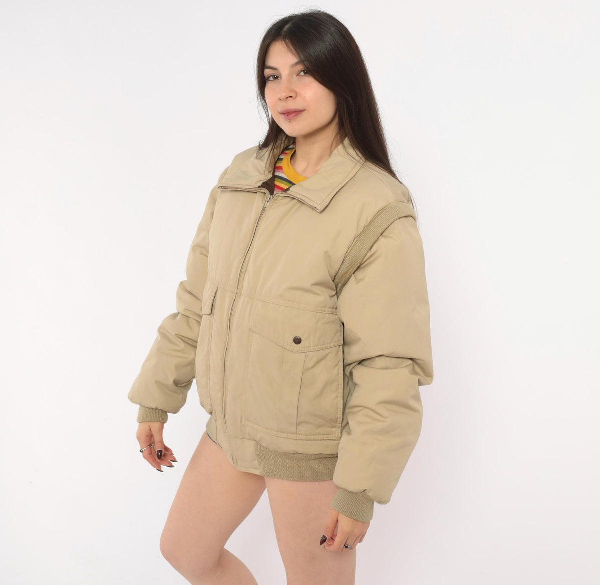 70s Natural High Down Bomber Jacket Convertible Zip-Off Sleeves Tan Medium