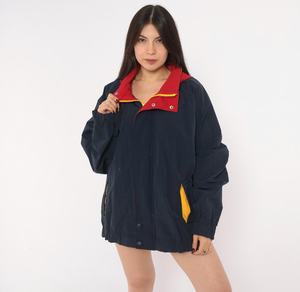 90s Croft & Barrow Navy Windbreaker Hooded Jacket Color Block Red Yellow Extra Large