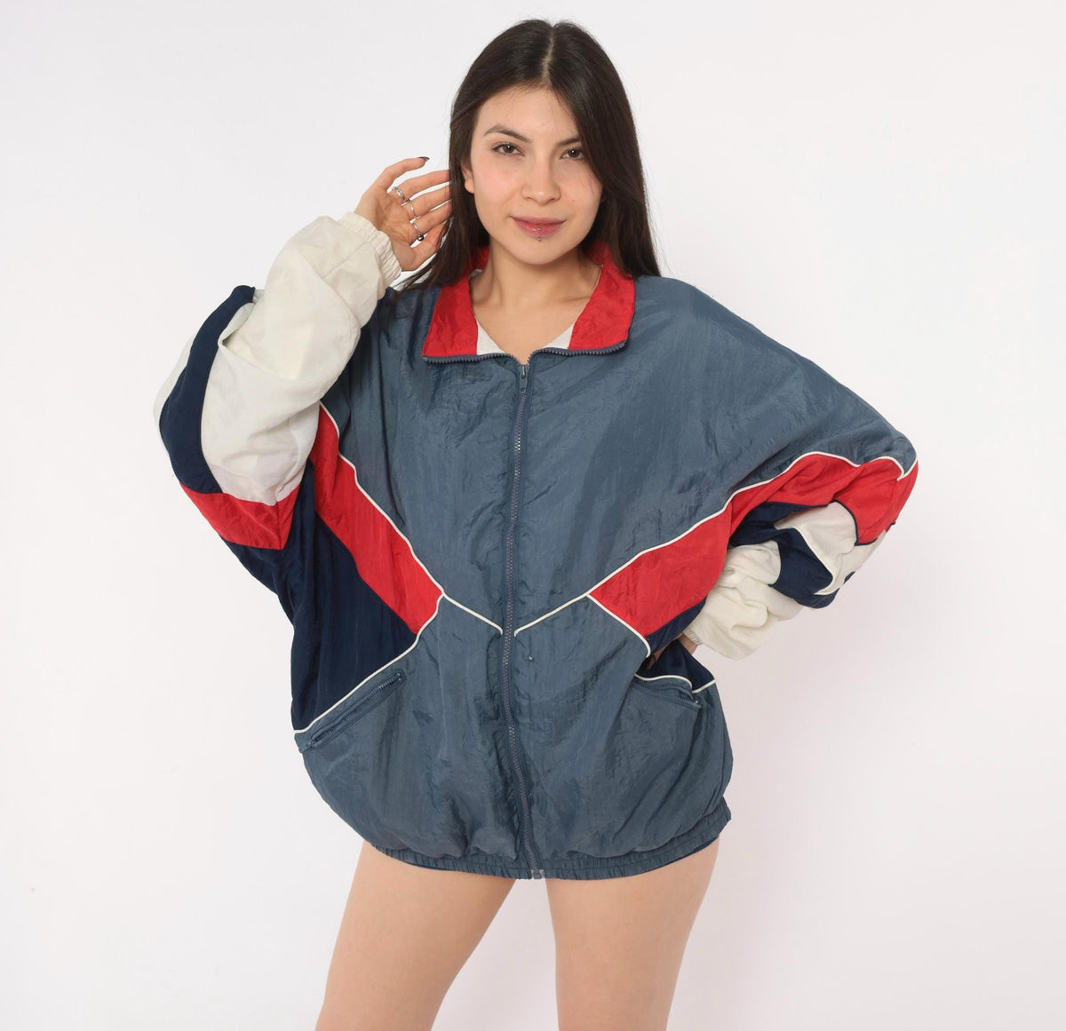 90s Avait Sportif Windbreaker Jacket Colour Block Chevron Blue Navy Cream Extra Large