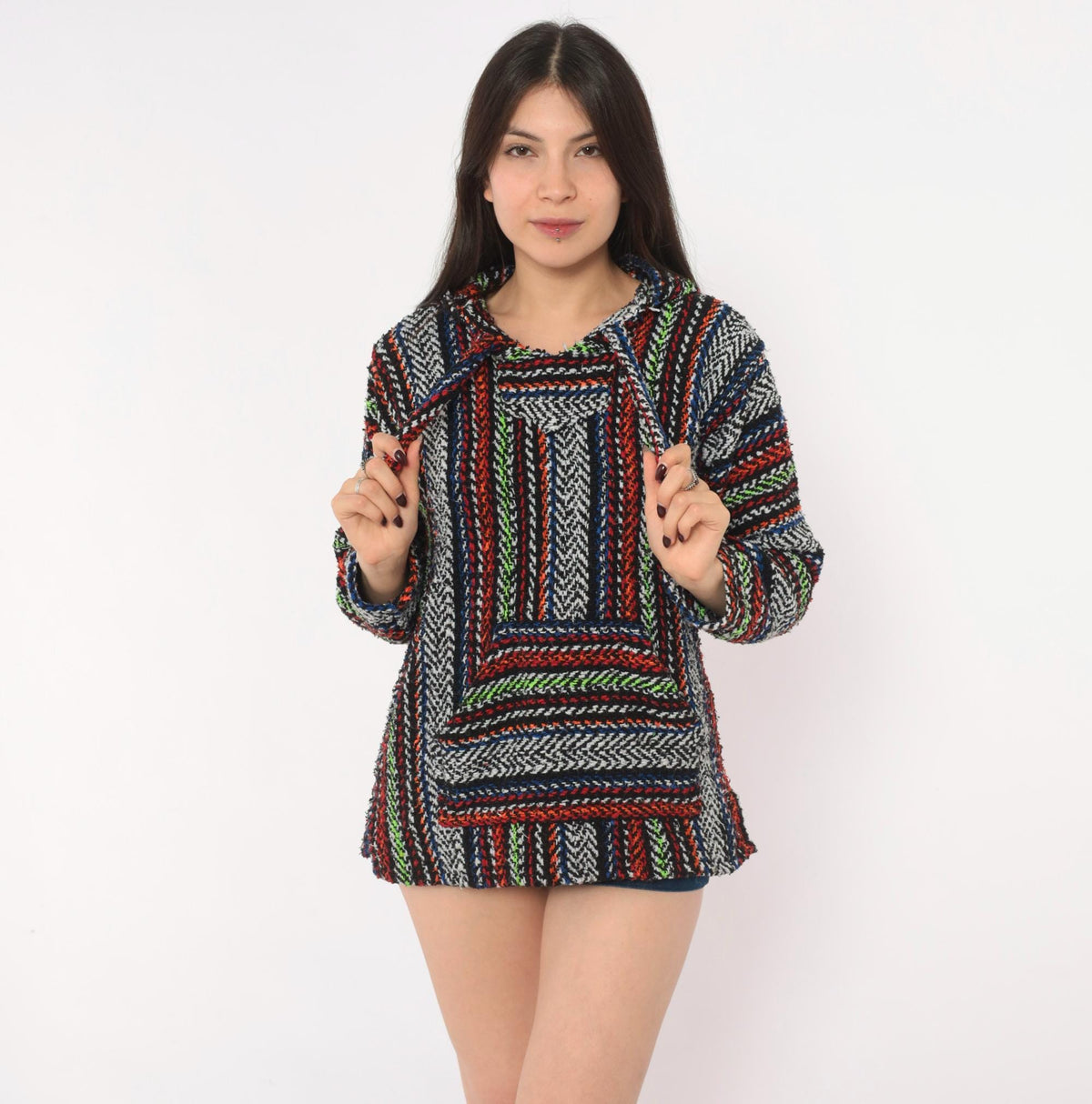 90s Earth Ragz Baja Hoodie Black Rainbow Striped Woven Pullover Extra Small XS