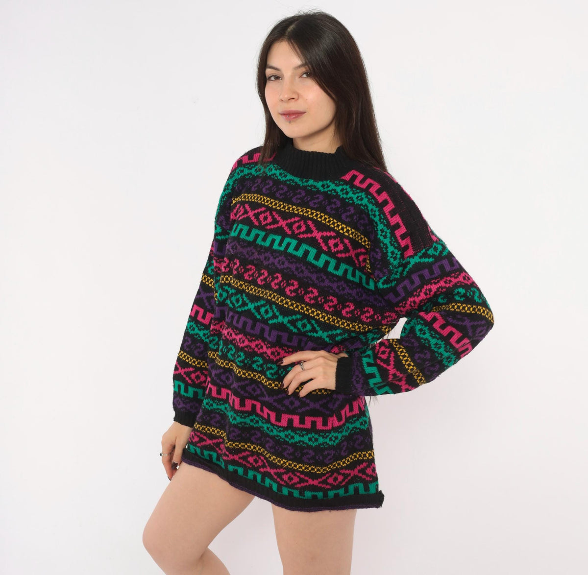 90s Private Eyes Fair Isle Sweater Black Rainbow Geometric Knit Large L