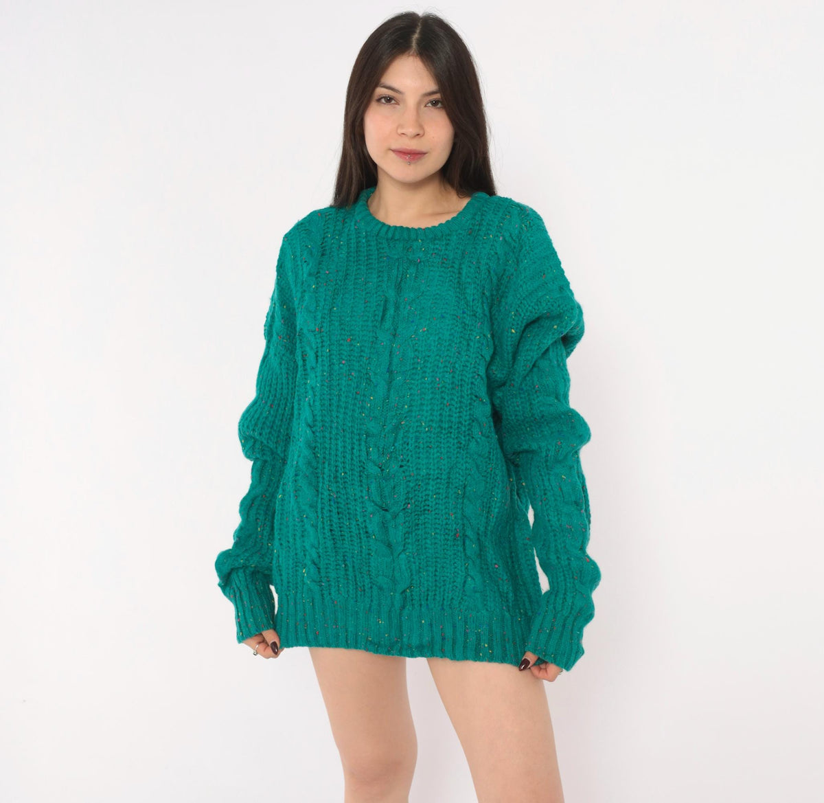 90s Cattivo Teal Cable Knit Wool Sweater Multicolor Speckled Crewneck Extra Large