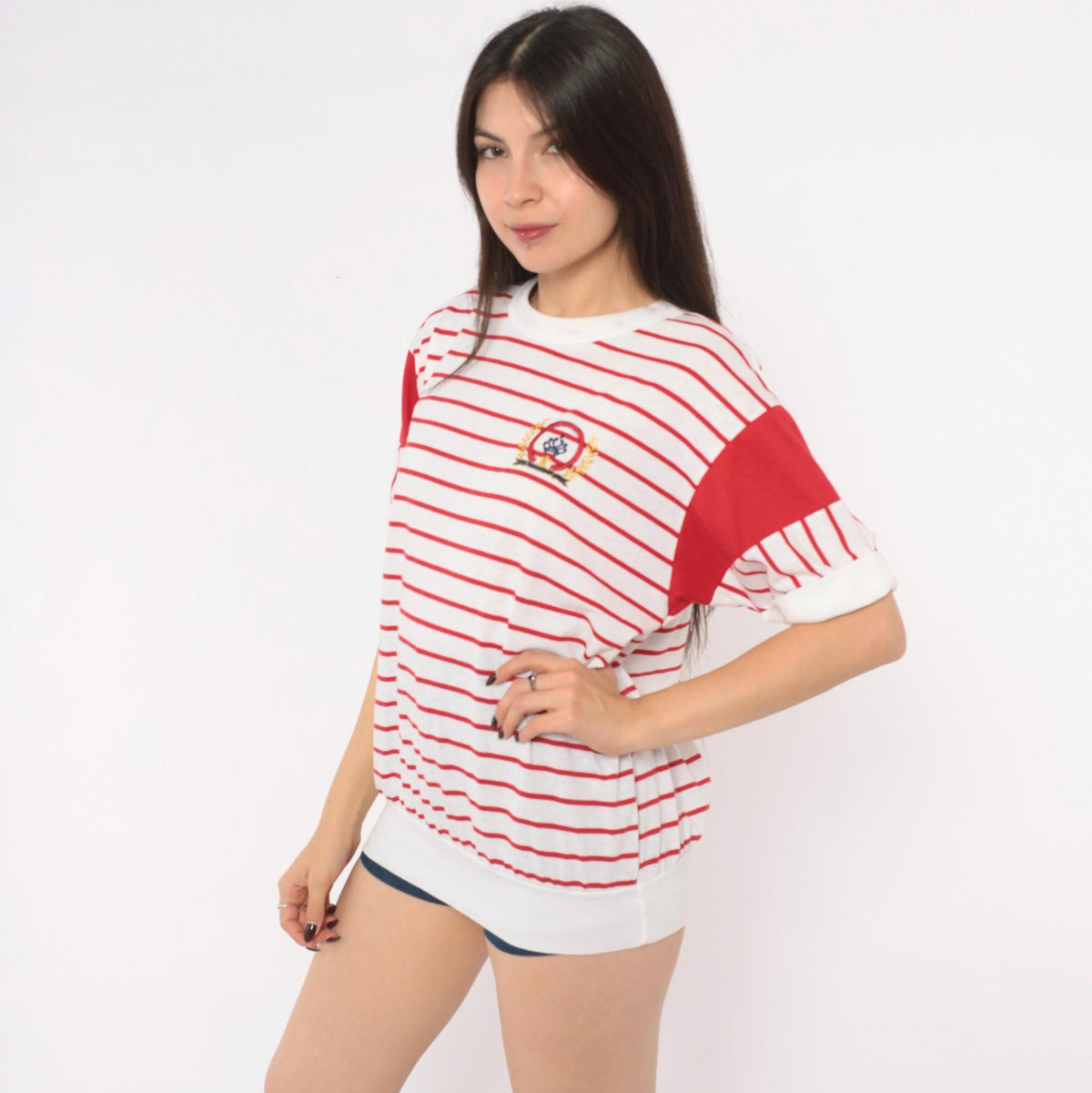 80s Golden Plaza Nautical Striped Tee Red White Embroidered Crest Large