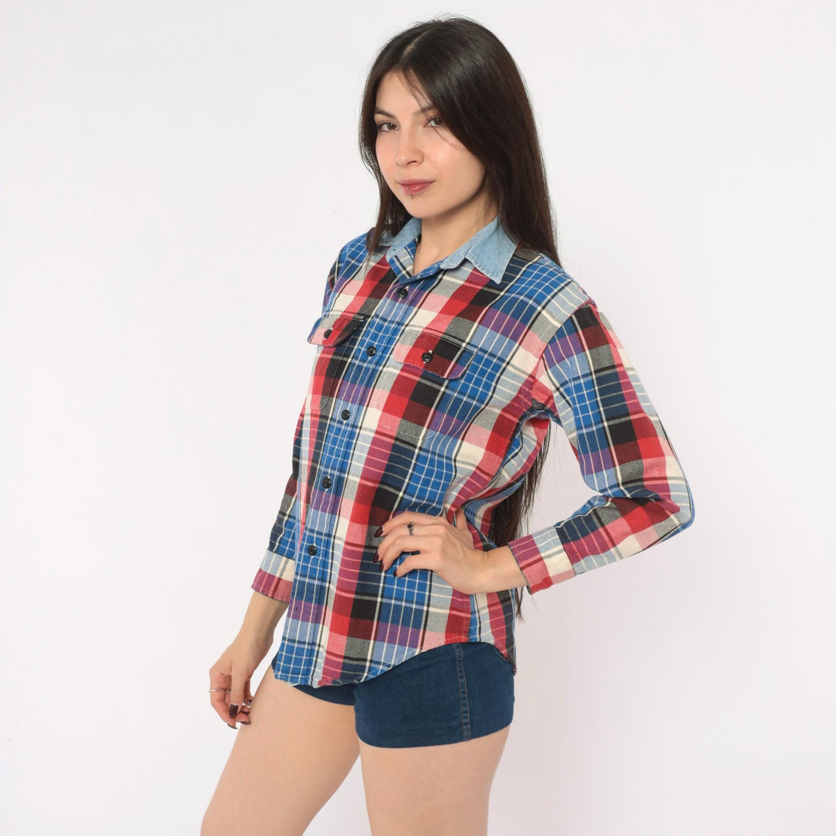 90s Plaid Flannel Shirt Blue Red Cotton Button-Up Small