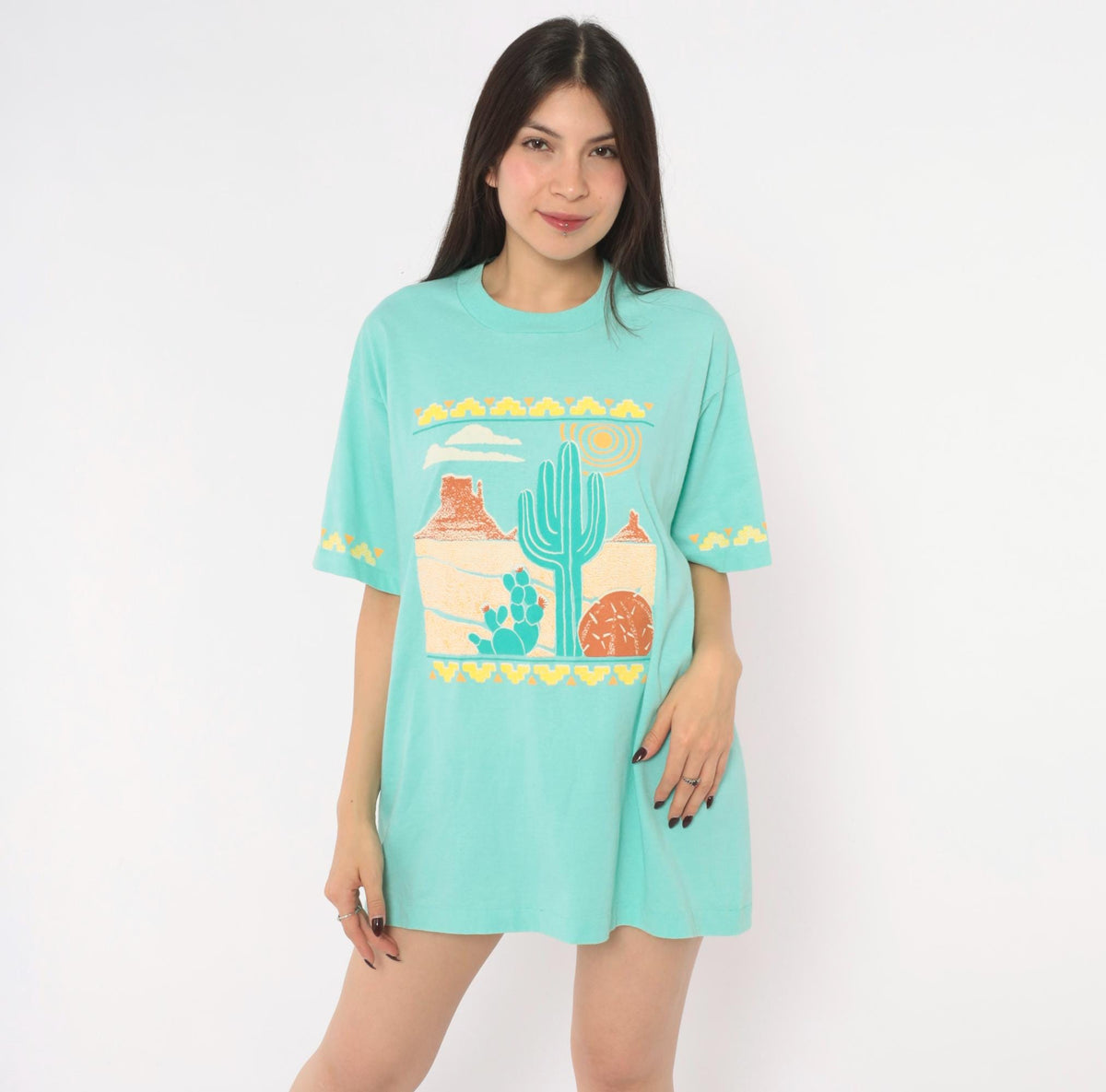 90s Screen Stars Desert Cactus Graphic Tee Seafoam Green Southwestern Extra Large XL