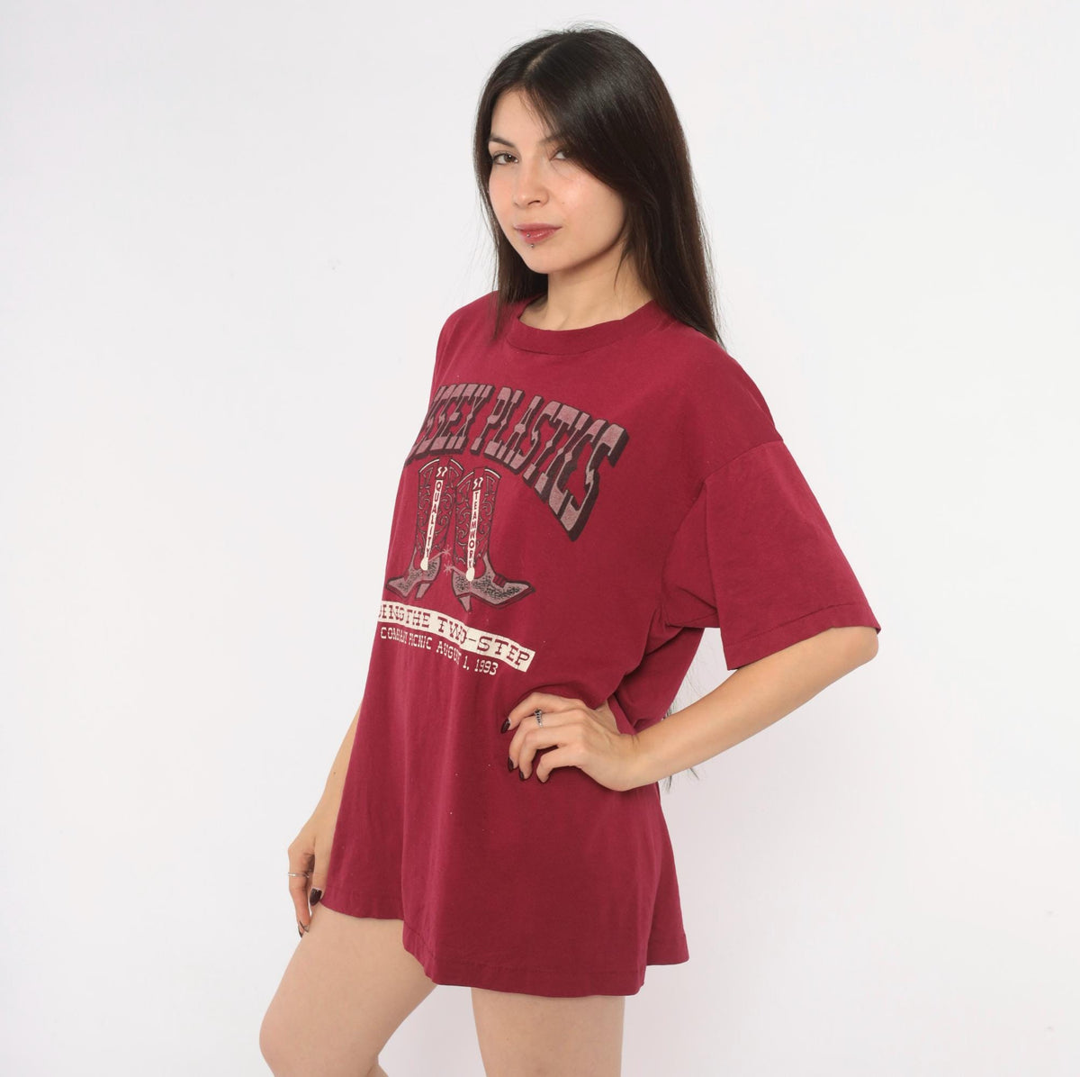 90s Fruit of the Loom Cowboy Boots Graphic Tee Burgundy Western Print Large