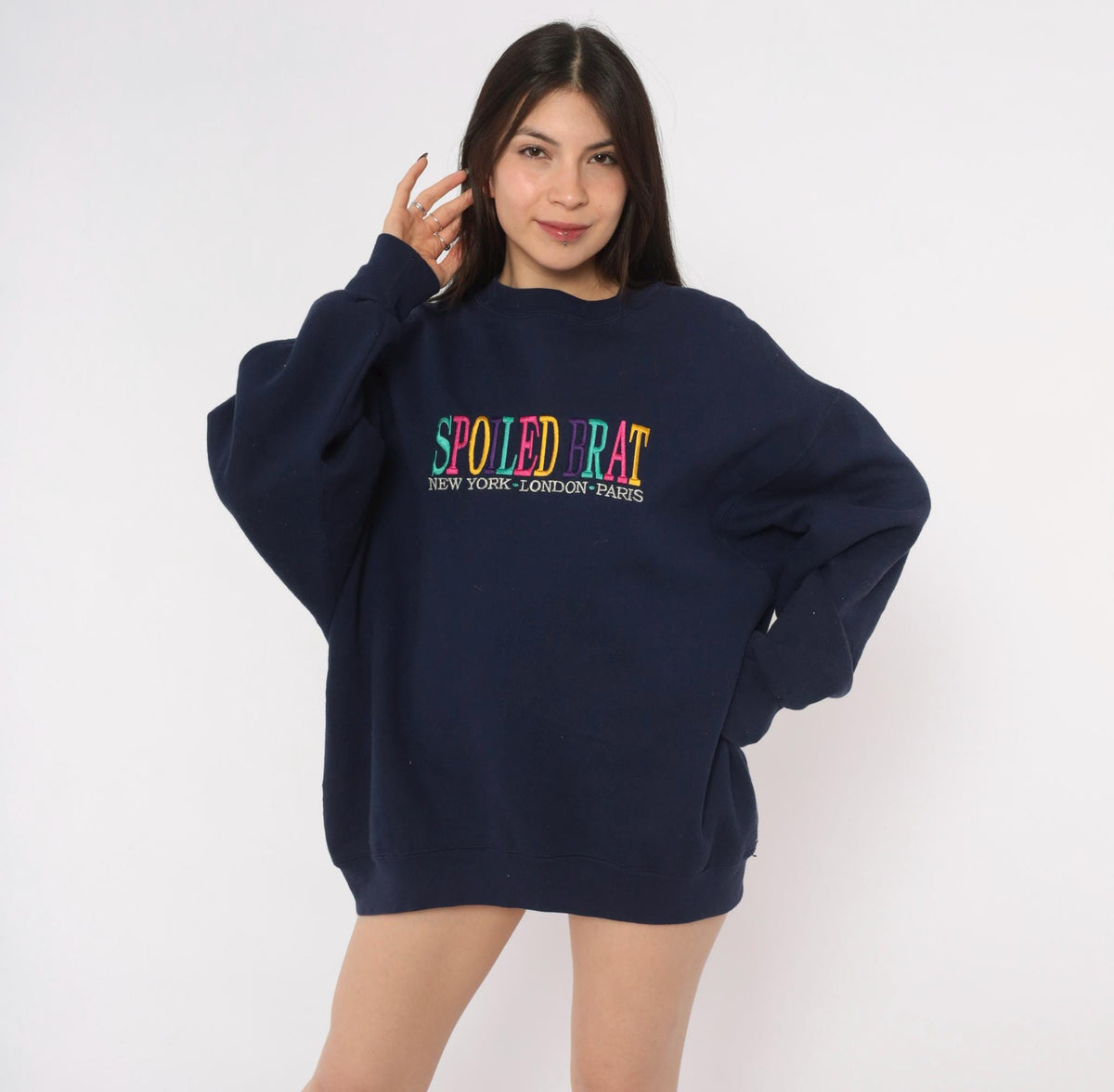 90s Spoiled Brat Navy Sweatshirt Embroidered Rainbow Text Extra Large XL