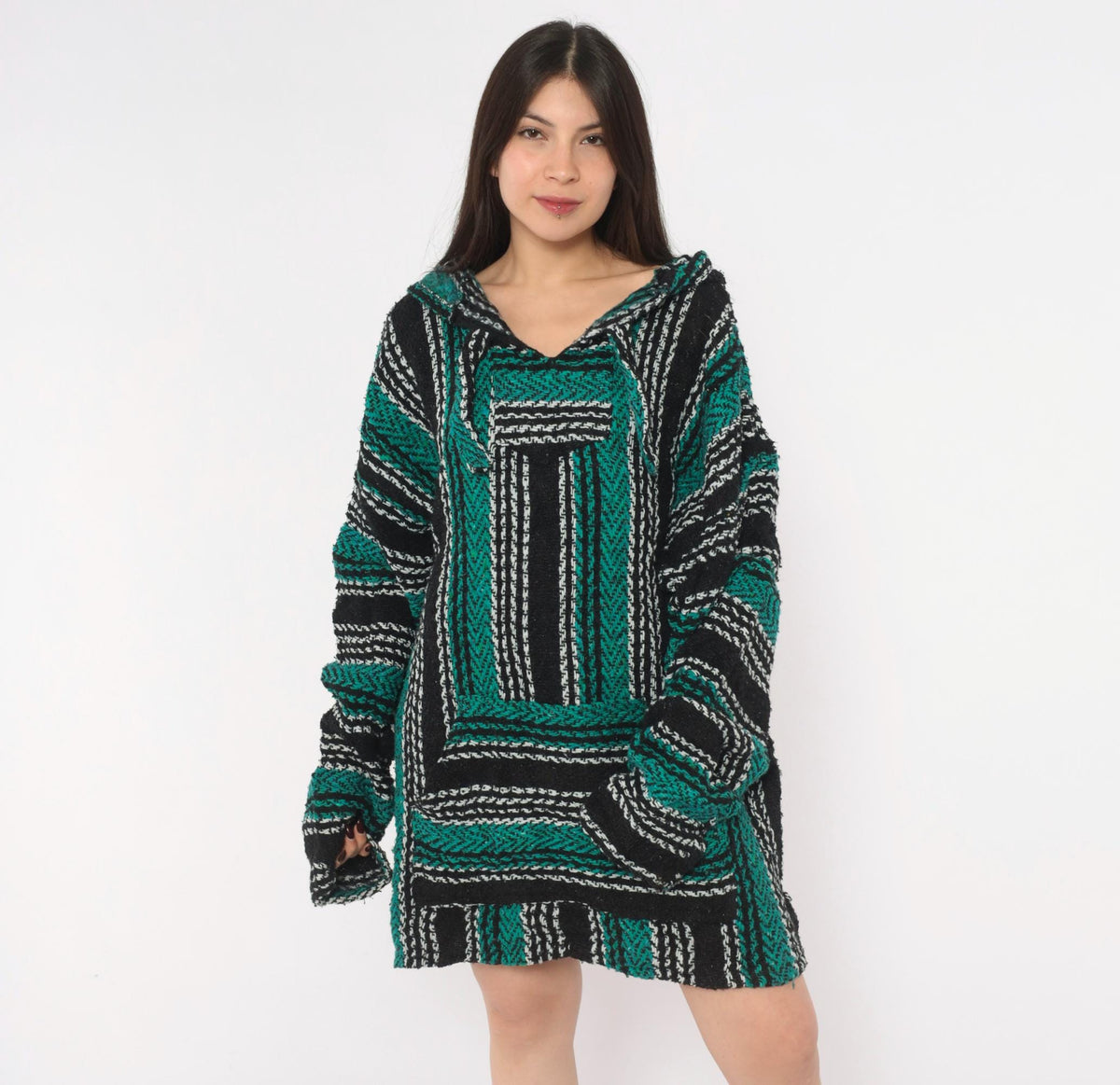 90s Baja Hoodie Black Teal Stripe Kangaroo Pocket V Neck Unisex Extra Large XXL