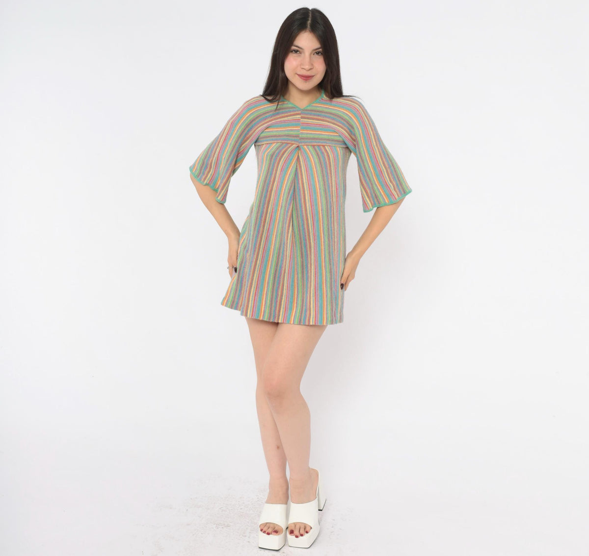 70s Key of Gee Rainbow Striped Knit Mini Dress V Neck A Line Extra Small