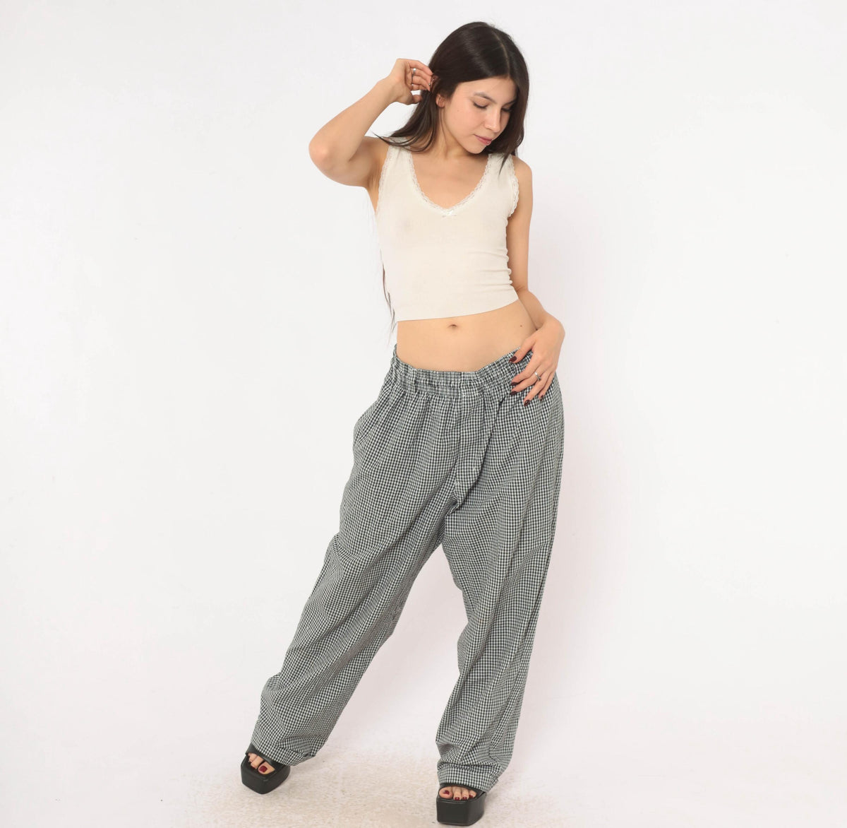 90s Newchef Fashions Black White Gingham Chef Pants Cotton Large L