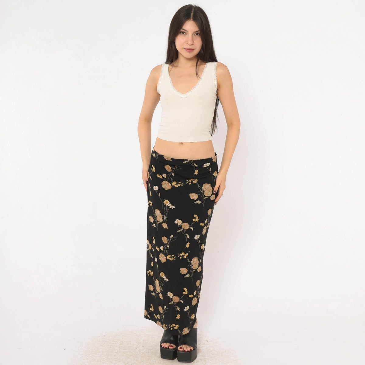 90s Black Floral Skirt Ankle Length Straight Daisy Rose Print Large L