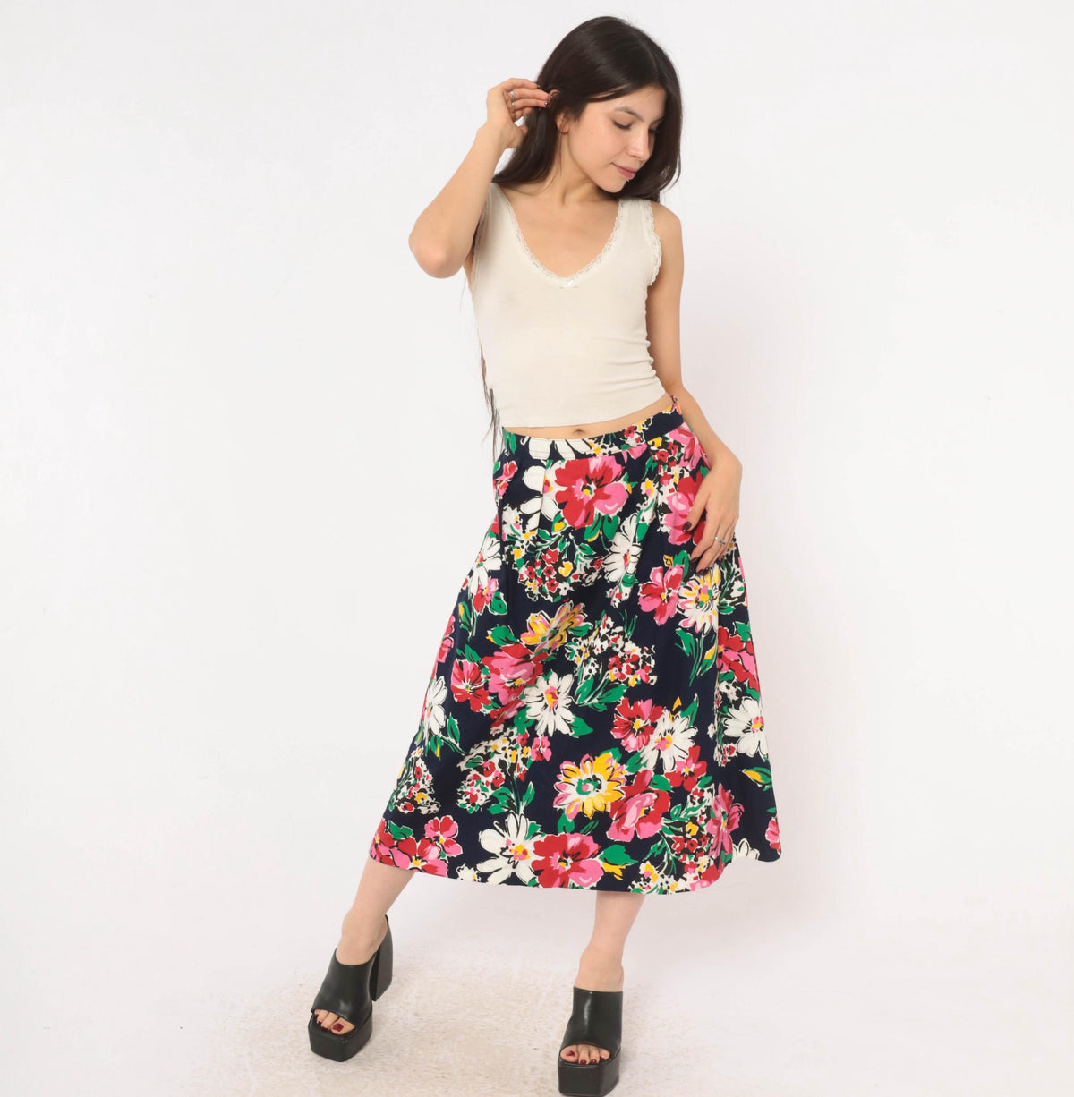 80s Navy Floral Midi Skirt A-Line Daisy Print Cotton Small S