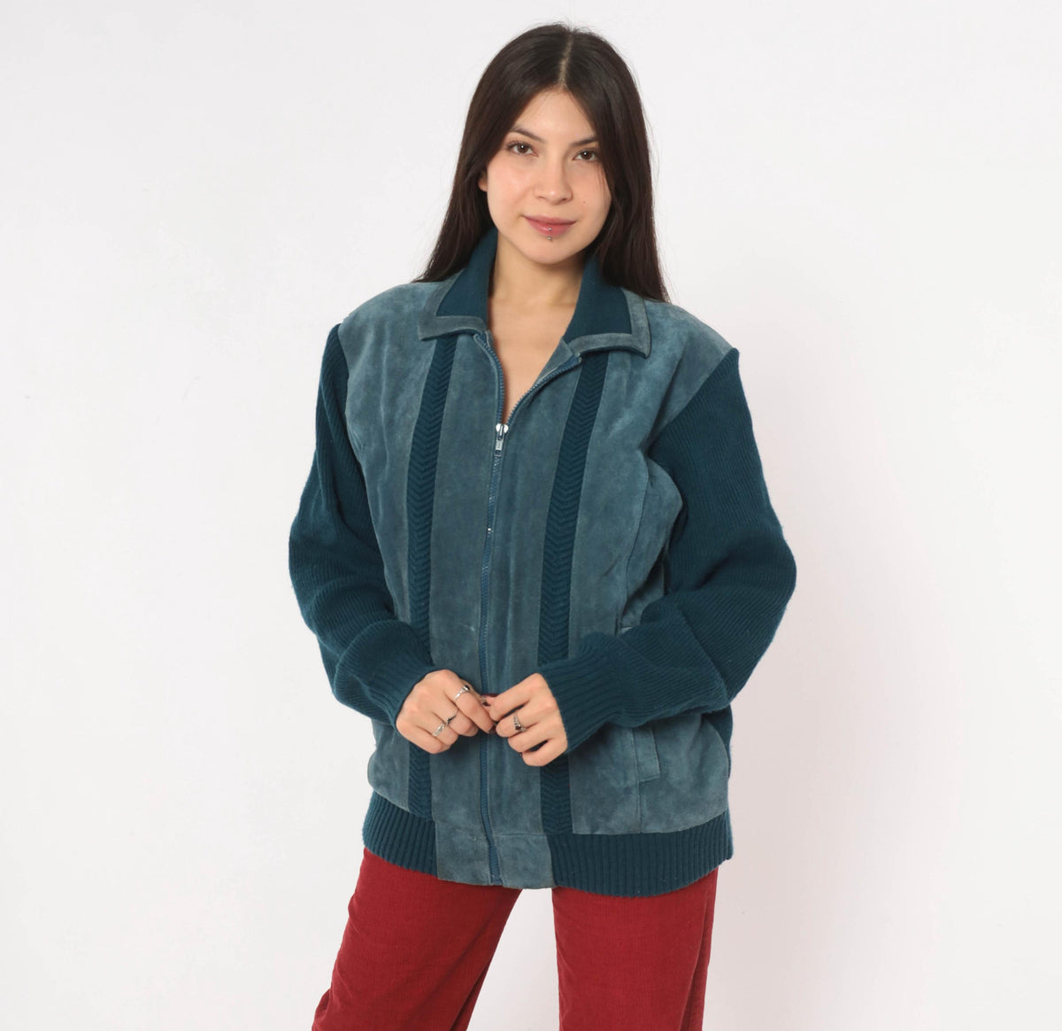 80s Mervyn's Navy Blue Suede Leather Cardigan Knit Zip Jacket Large