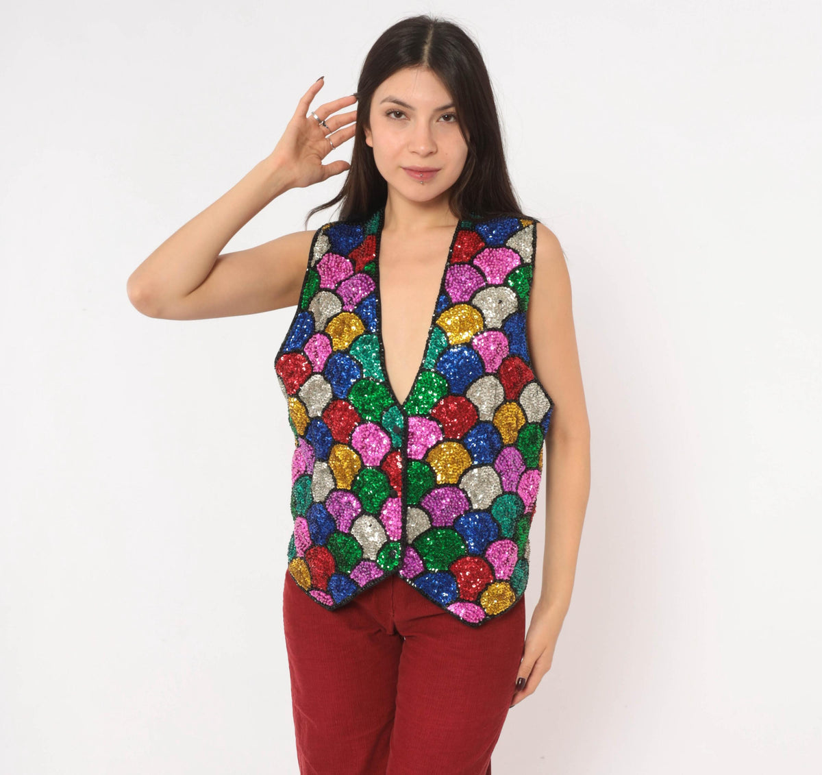 90s Ana Mori Rainbow Sequin Vest Multicolor Mosaic Scale V-Neck Large L