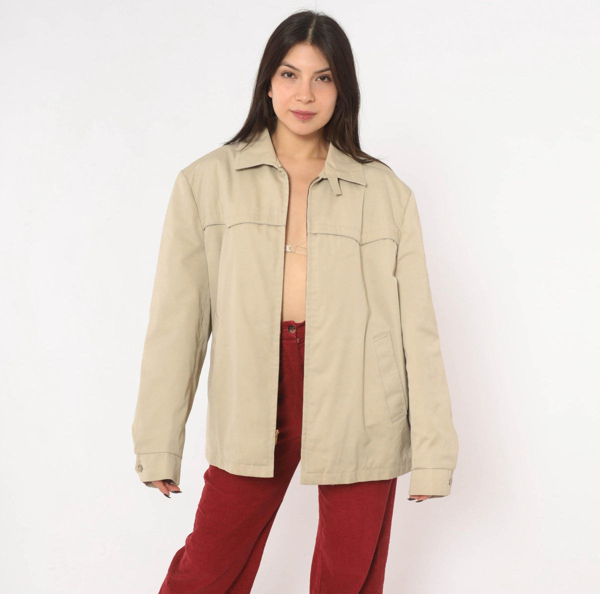 80s Sears Beige Harrington Jacket Western Yoke Pointed Collar Unisex Large