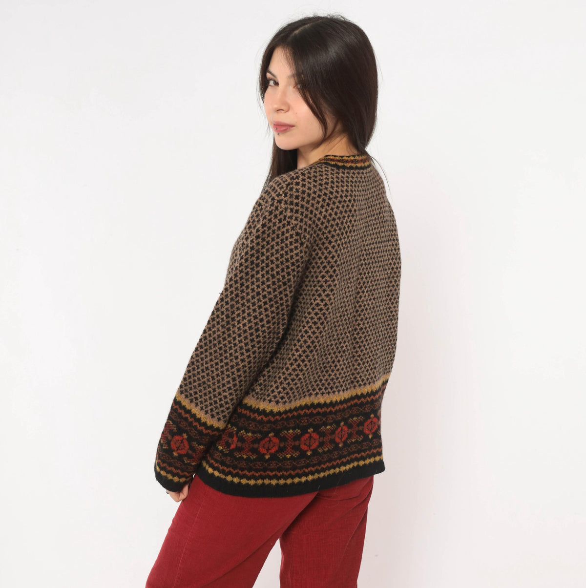 90s Skyr Wool Cardigan Black Tan Fair Isle Nordic Knit Small S