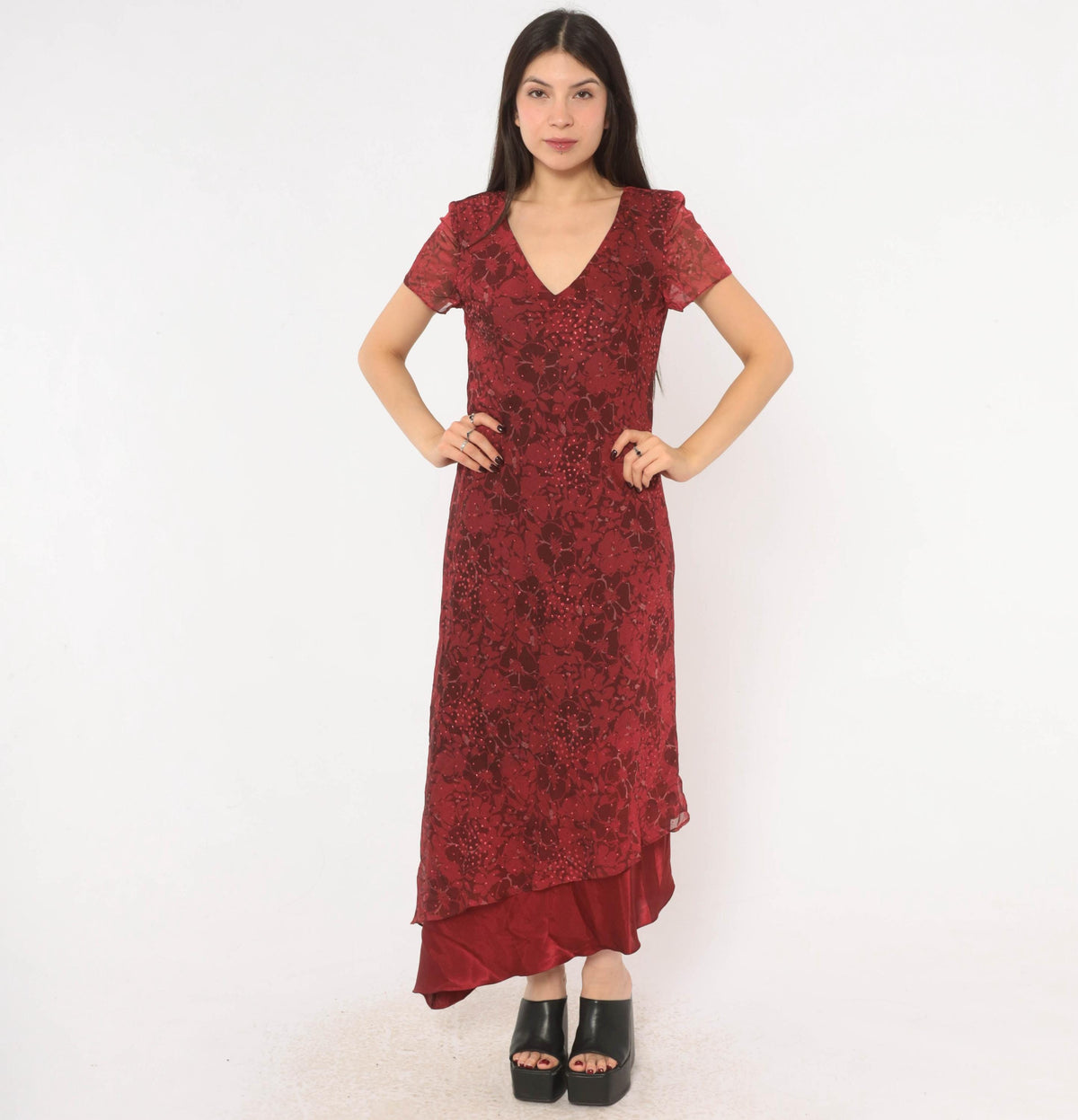 90s Burgundy Floral Midi Dress Positive Attitude Flutter Sleeve Wine Red Medium M
