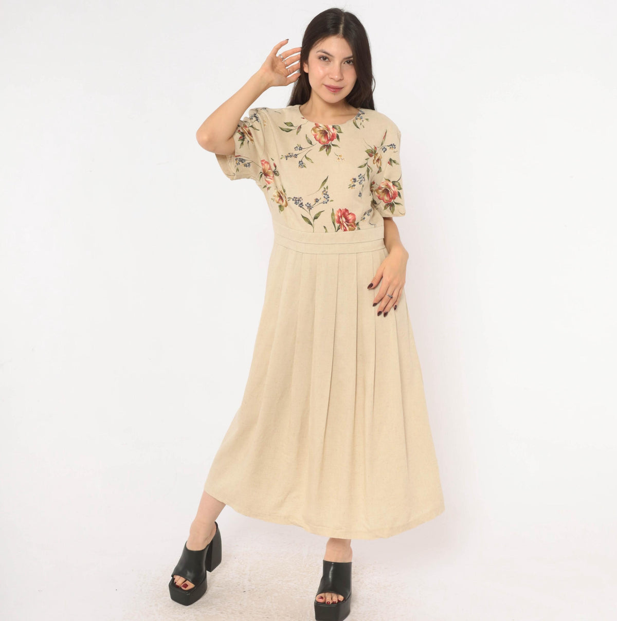 90s Just in Thyme Floral Midi Dress Cream Rose Print A-Line Large L