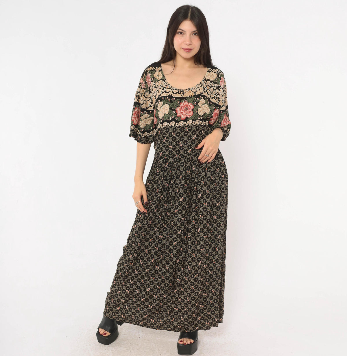 90s Fashion Bug Black Floral Maxi Dress Rose Border Pink Cream Plus Size 3X
