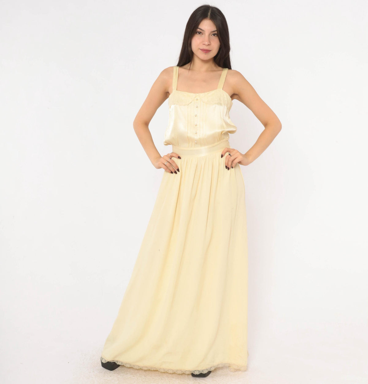 70s Gunne Sax Maxi Dress Cream Satin Lace Pearl Button Spaghetti Strap Medium M
