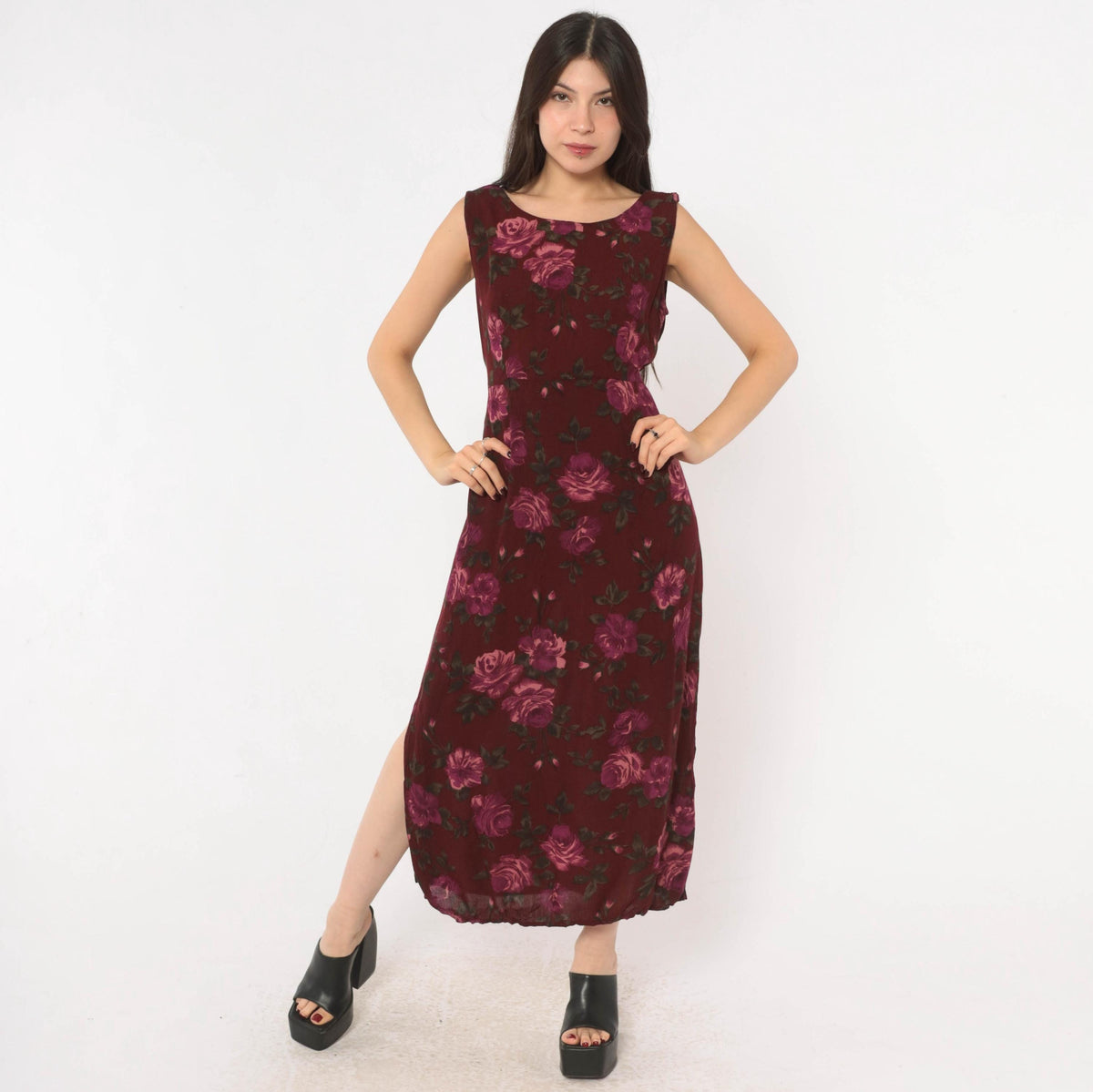 90s Chadwick's Burgundy Floral Midi Dress Sleeveless Tie Back Medium M