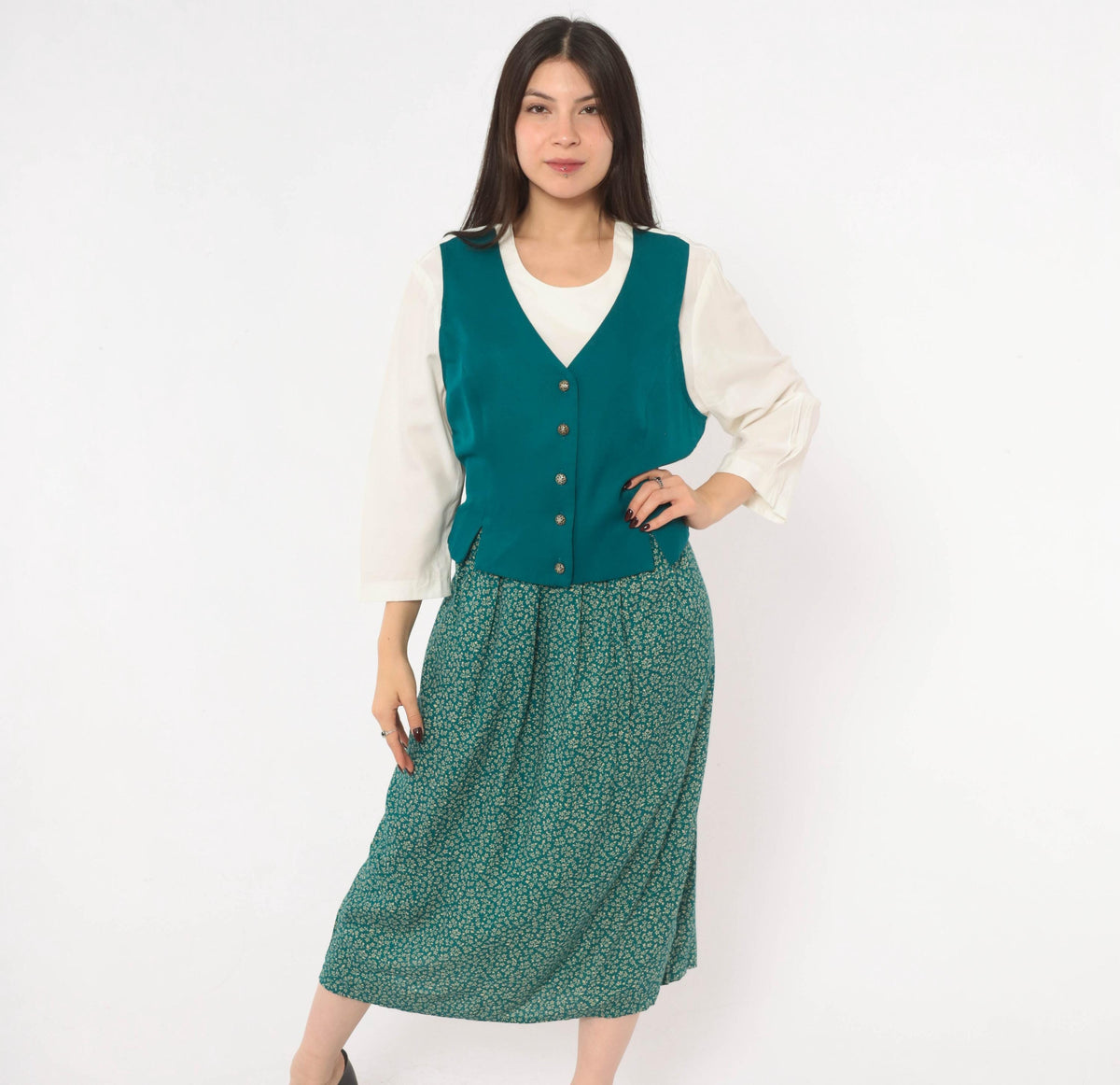 90s Olivia Rose Ditsy Floral Midi Dress Teal Green Vest Bodice Large L