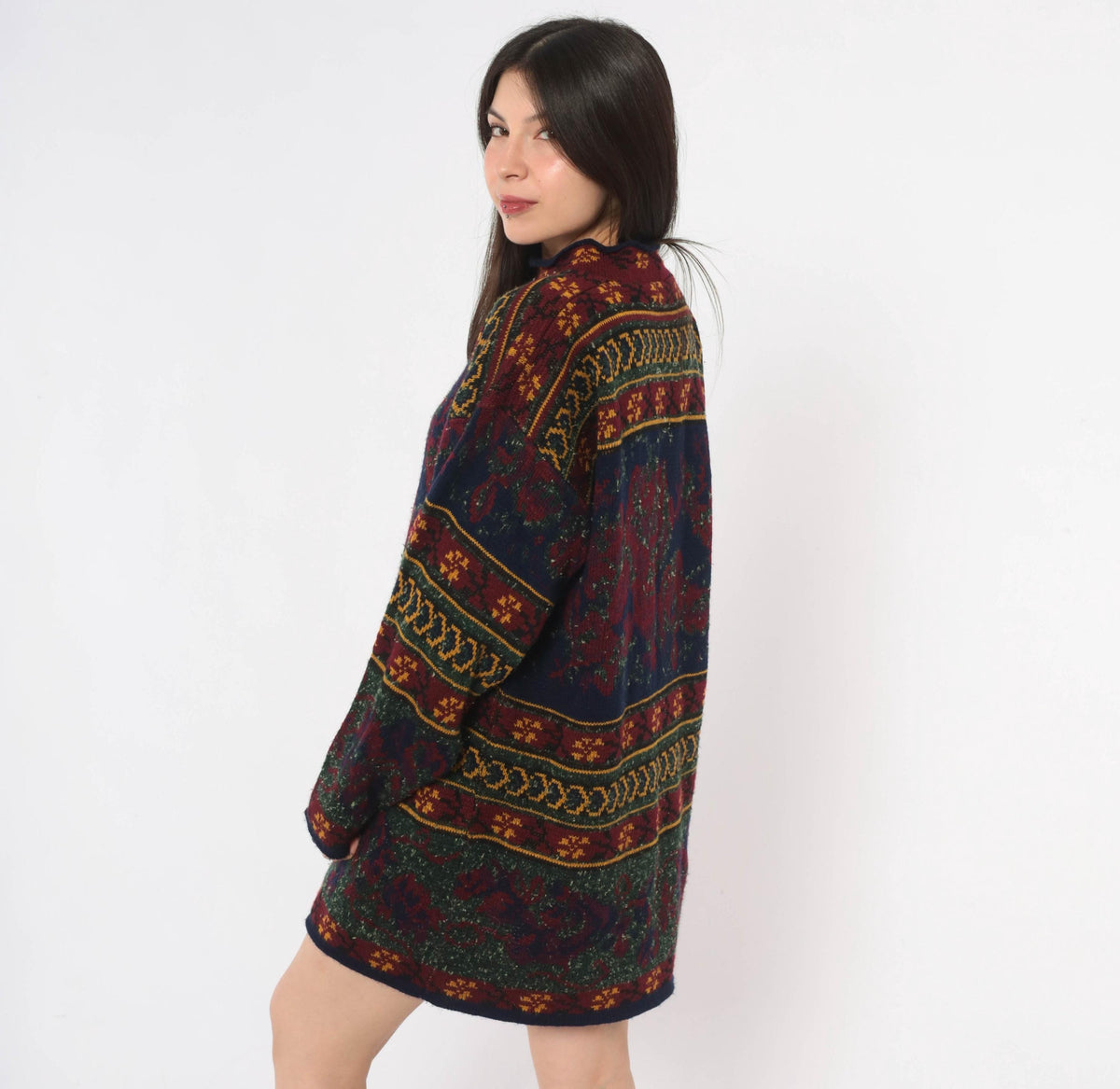 90s Colter Bay Sweater Dress Burgundy Navy Floral Fair Isle Mock Neck Medium