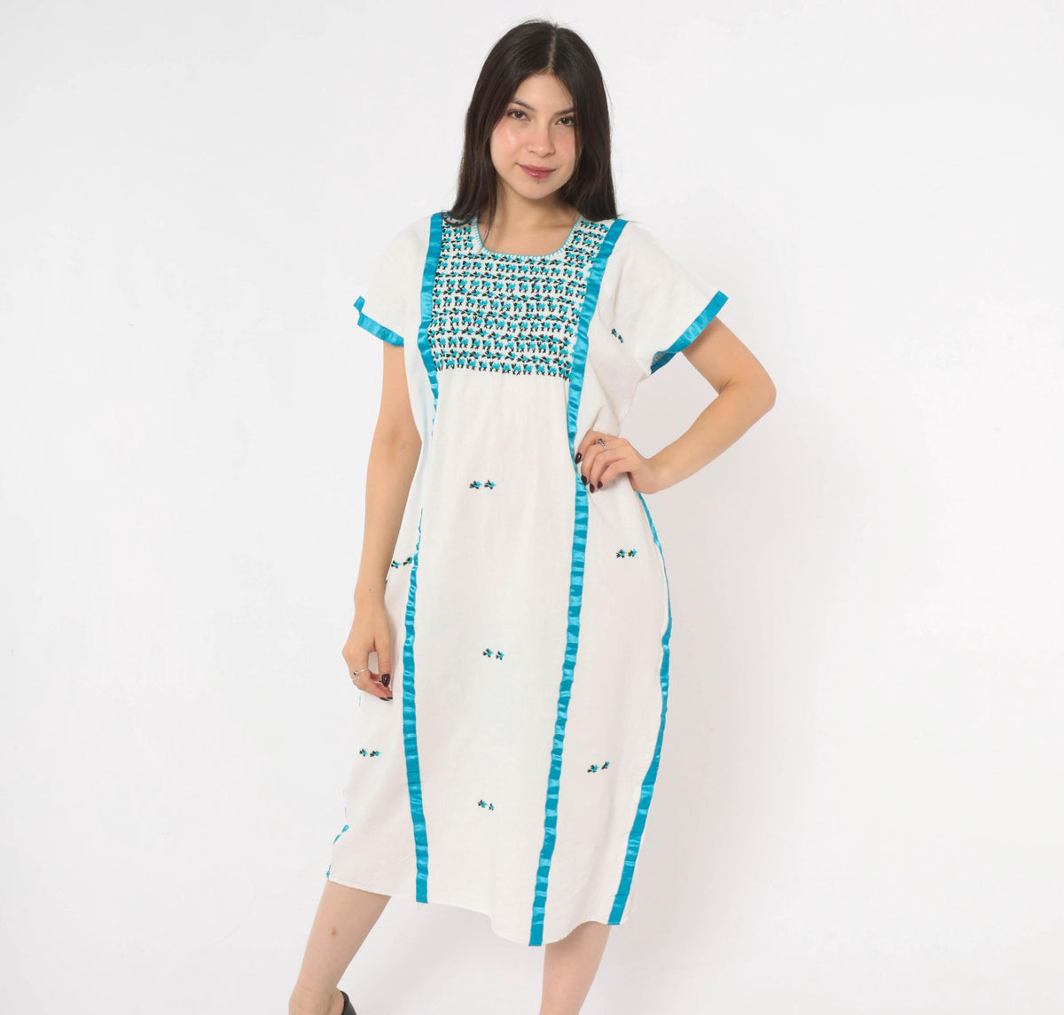 90s White Cotton Midi Dress Turquoise Embroidered Floral Bib Yoke Medium M