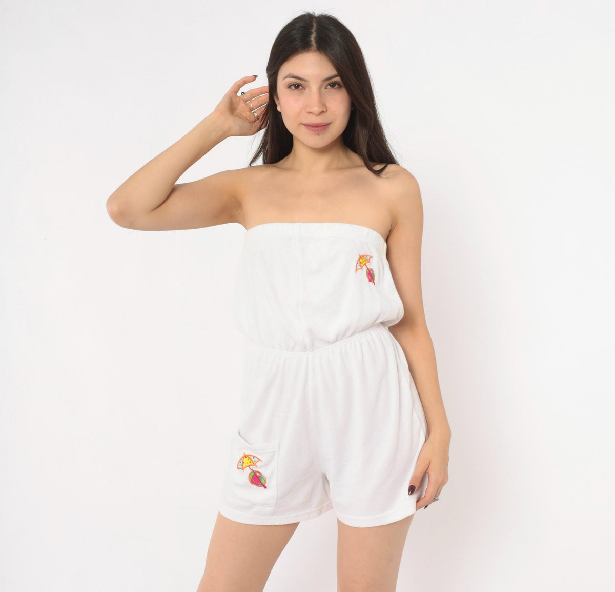 80s Bobbie Brooks White Strapless Terry Cloth Romper Umbrella Embroidered Small