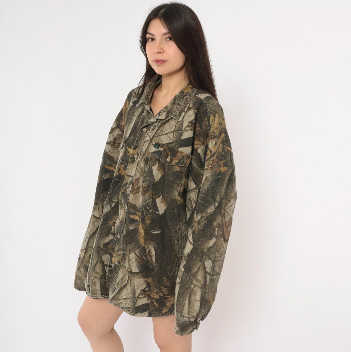 90s Realtree Camo Button Shirt Grey Brown Tree Leaf Print Shacket XXL