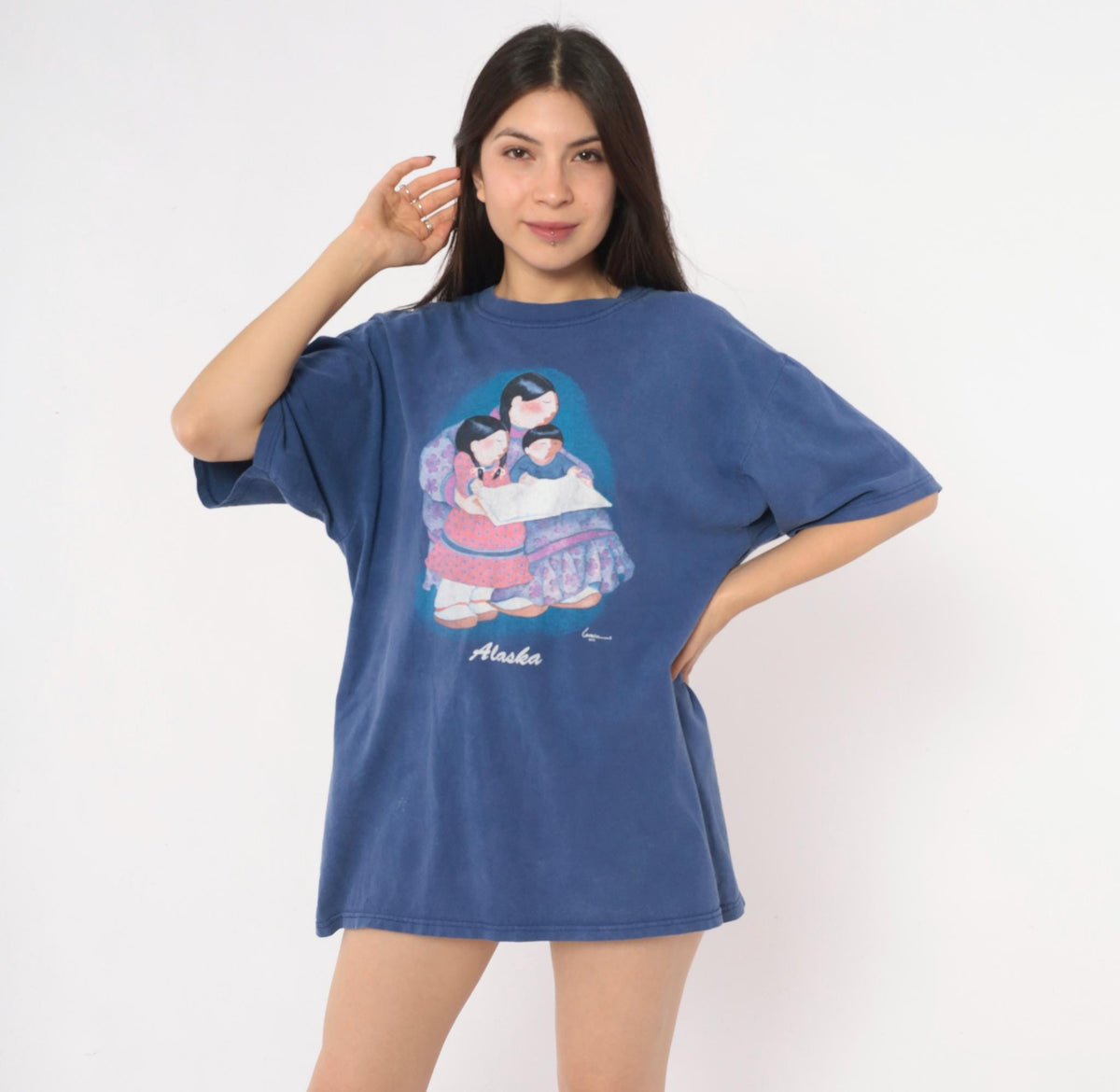 90s Anvil Alaska Graphic Tee Cobalt Blue Cotton Faded Print Extra Large
