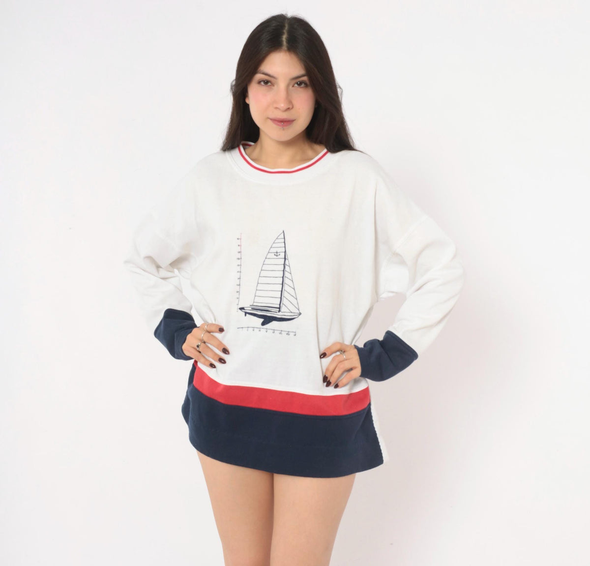 90s Kini Sailboat Embroidered Crewneck Sweatshirt White Navy Cotton Extra Large XXL