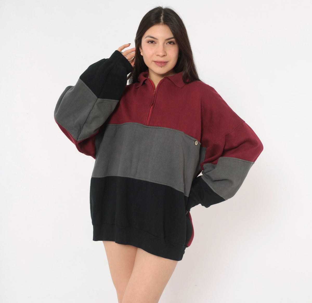 90s Colorblock Quarter Zip Sweatshirt Burgundy Grey Black Extra Large