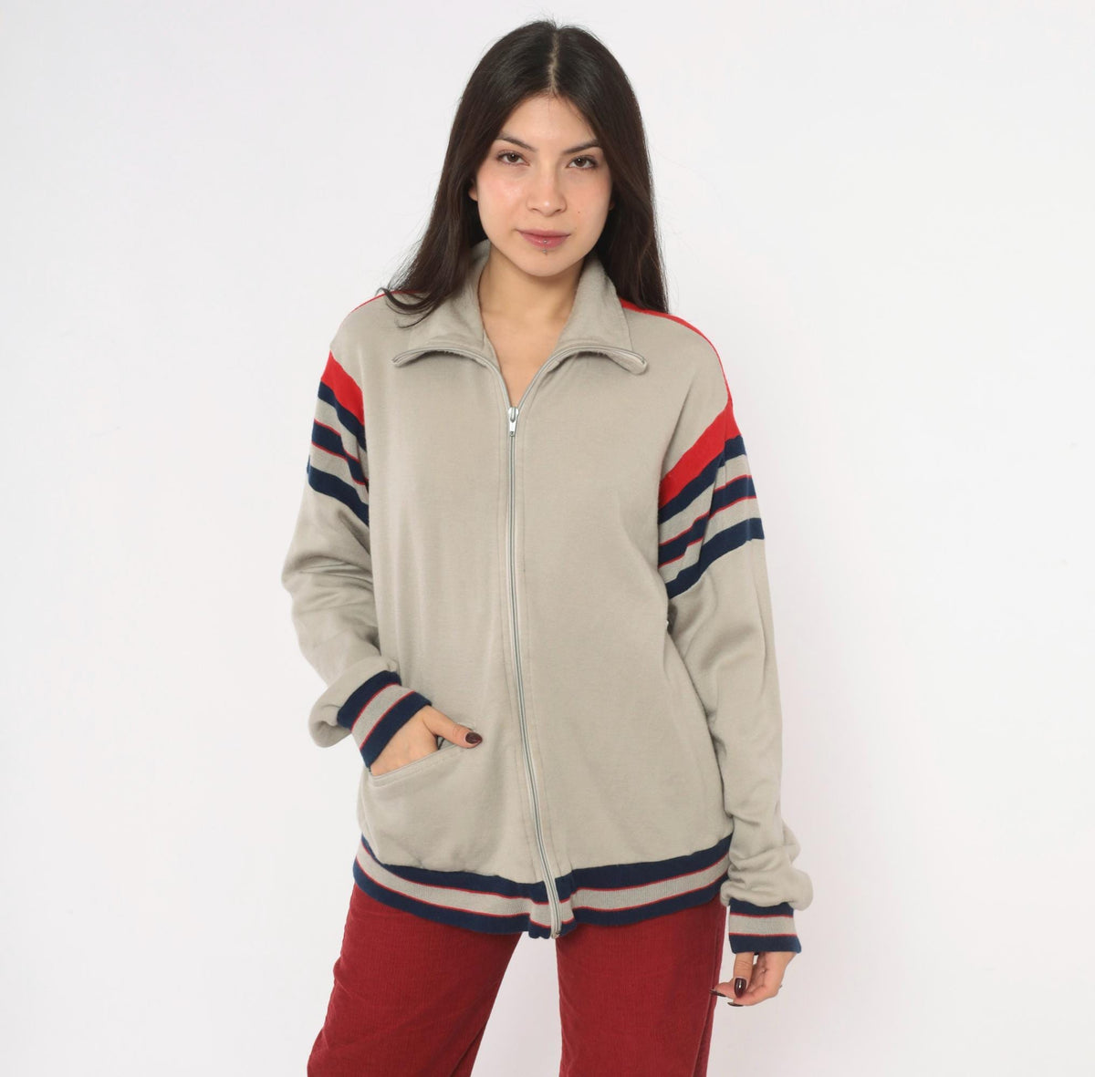 80s Track & Court Zip Jacket Grey Navy Red Stripe Bomber Medium