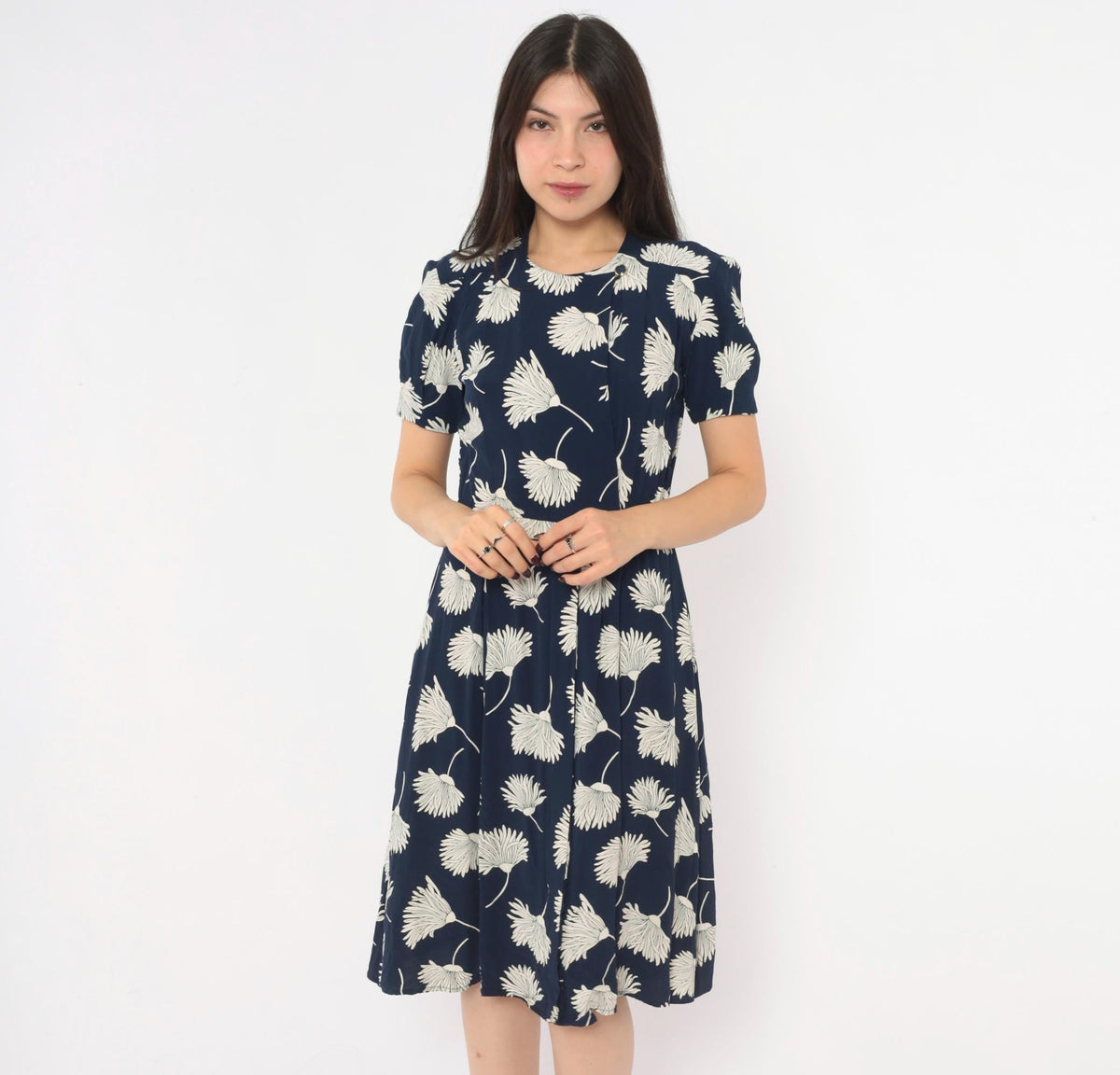 90s Liz Claiborne Navy Floral Dress White Daisy Print Puff Sleeve Small S