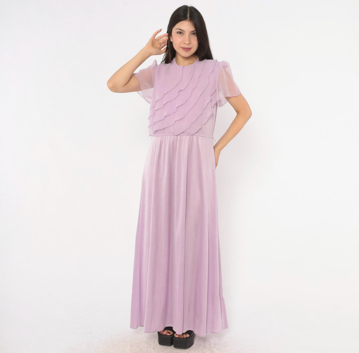70s Lilac Chiffon Maxi Dress Flutter Sleeve A-Line Purple Pastel Large L