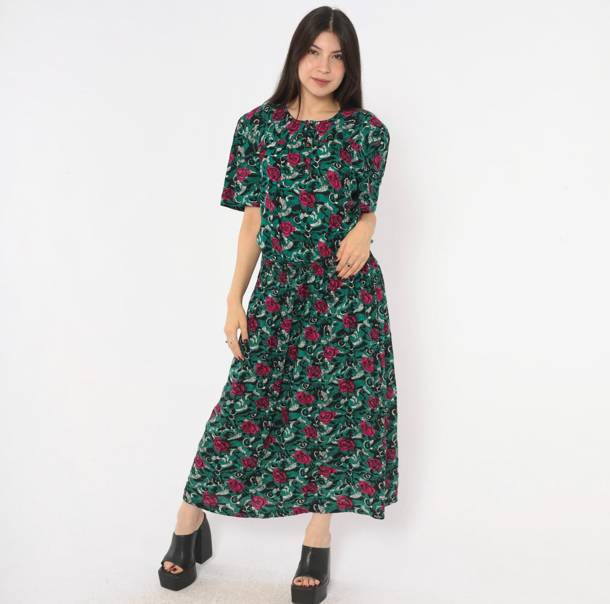 90s Virgo II Rose Print Maxi Dress Teal Pink Button Front Medium
