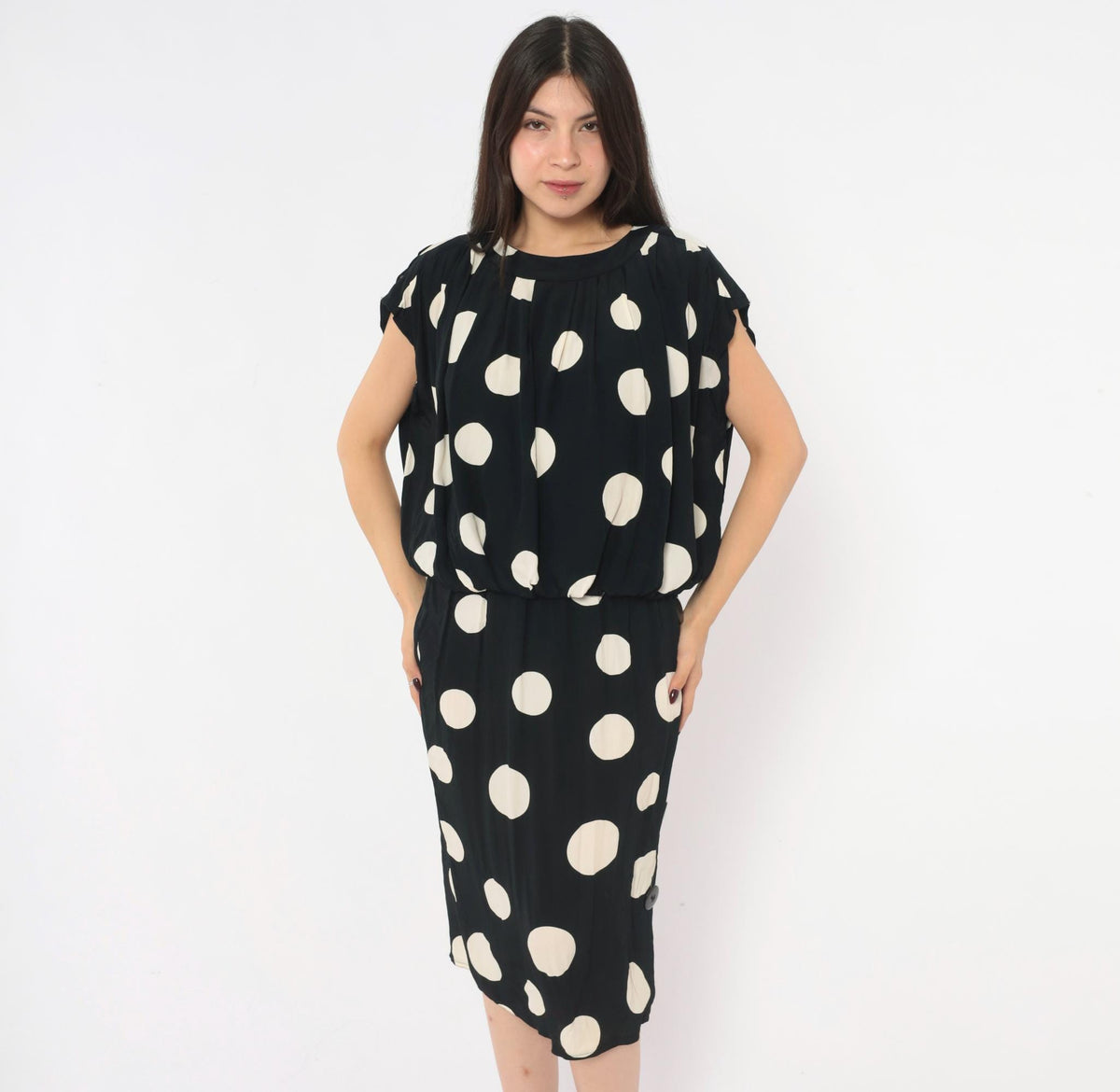 90s Chetta B Polka Dot Midi Dress Black Cream Cap Sleeve Small S