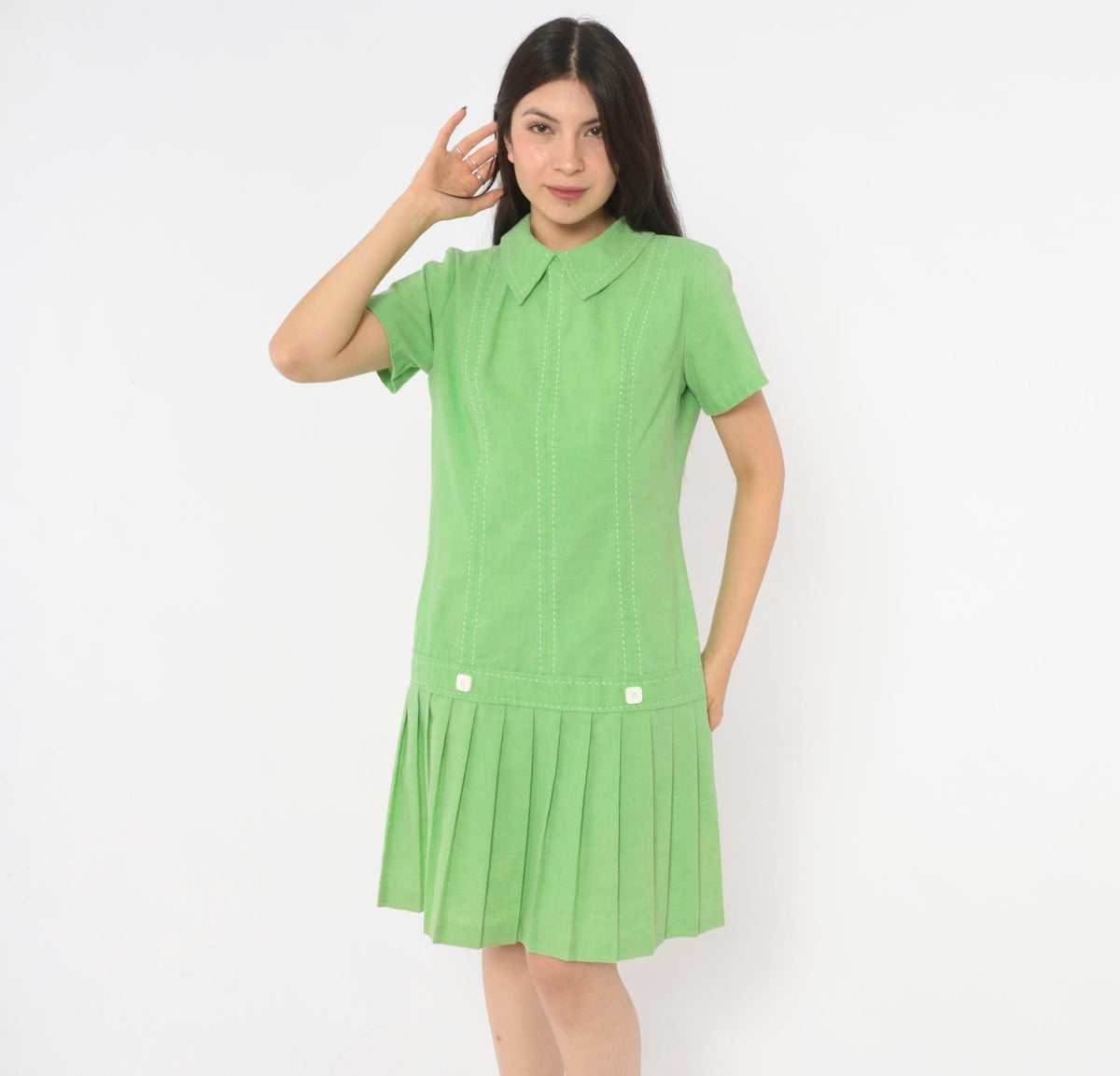 60s Mod Lime Green Shift Dress Peter Pan Collar Pleated Skirt Medium M