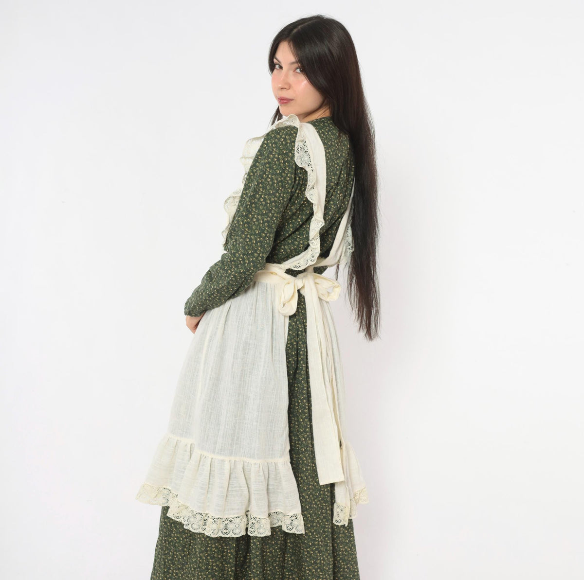 70s Cream Linen Pinafore Apron Dress Crochet Lace Ruffle Tie Back