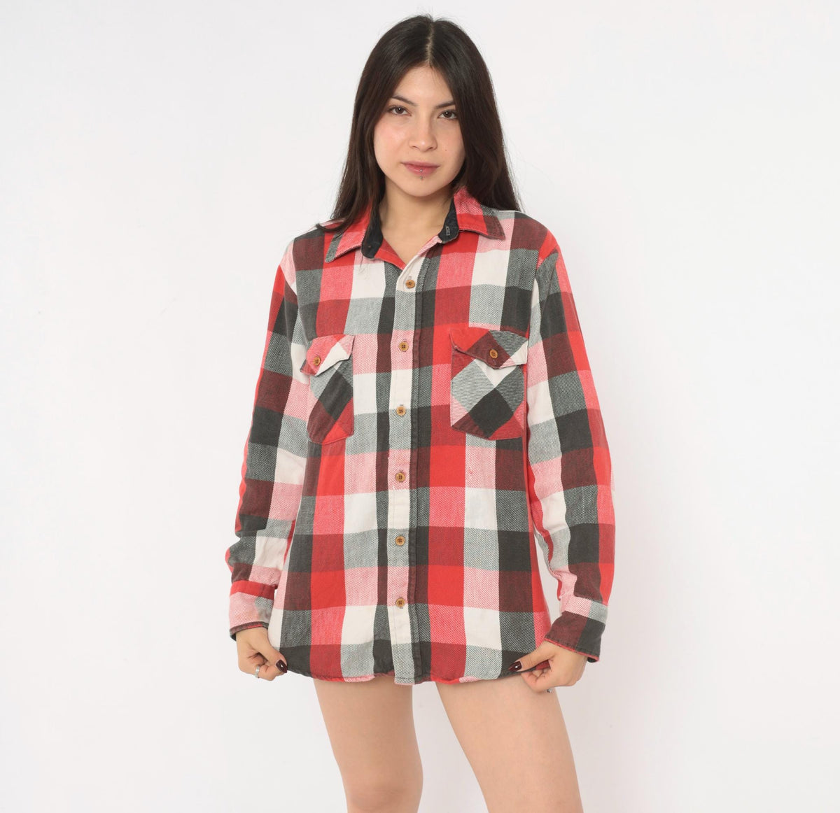80s Buffalo Plaid Flannel Shirt Red Black White Cotton Button Front Medium
