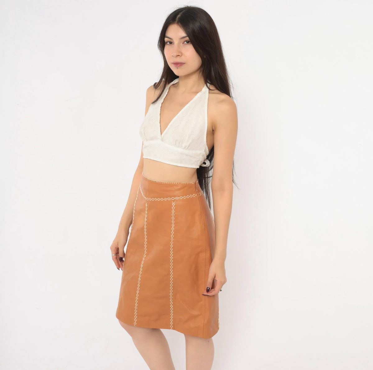 Y2K GAP Tan Leather A-Line Skirt Whipstitch Cream Stitching Small S