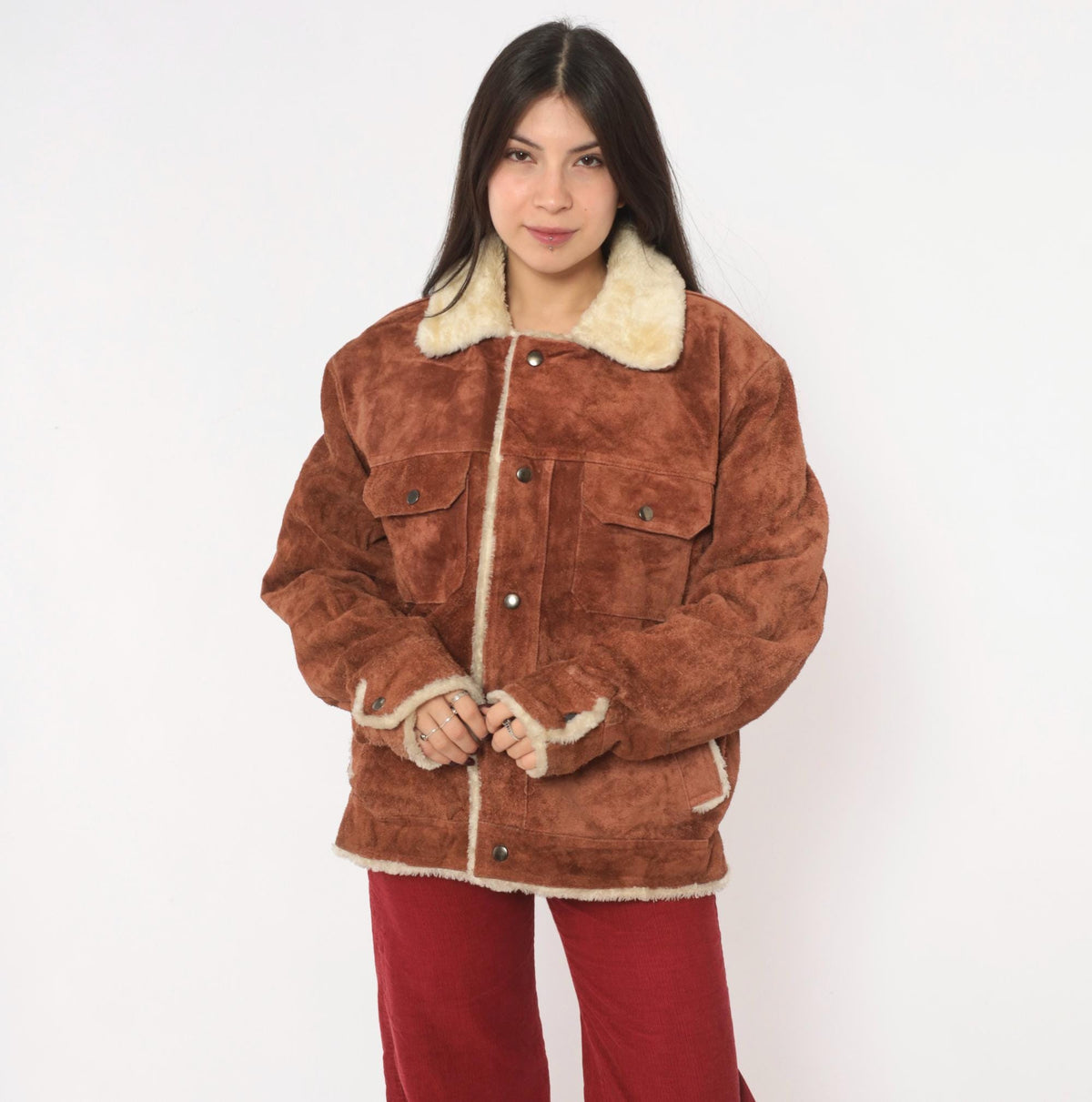70s Grande Bay Brown Suede Trucker Jacket Shearling Lined Medium