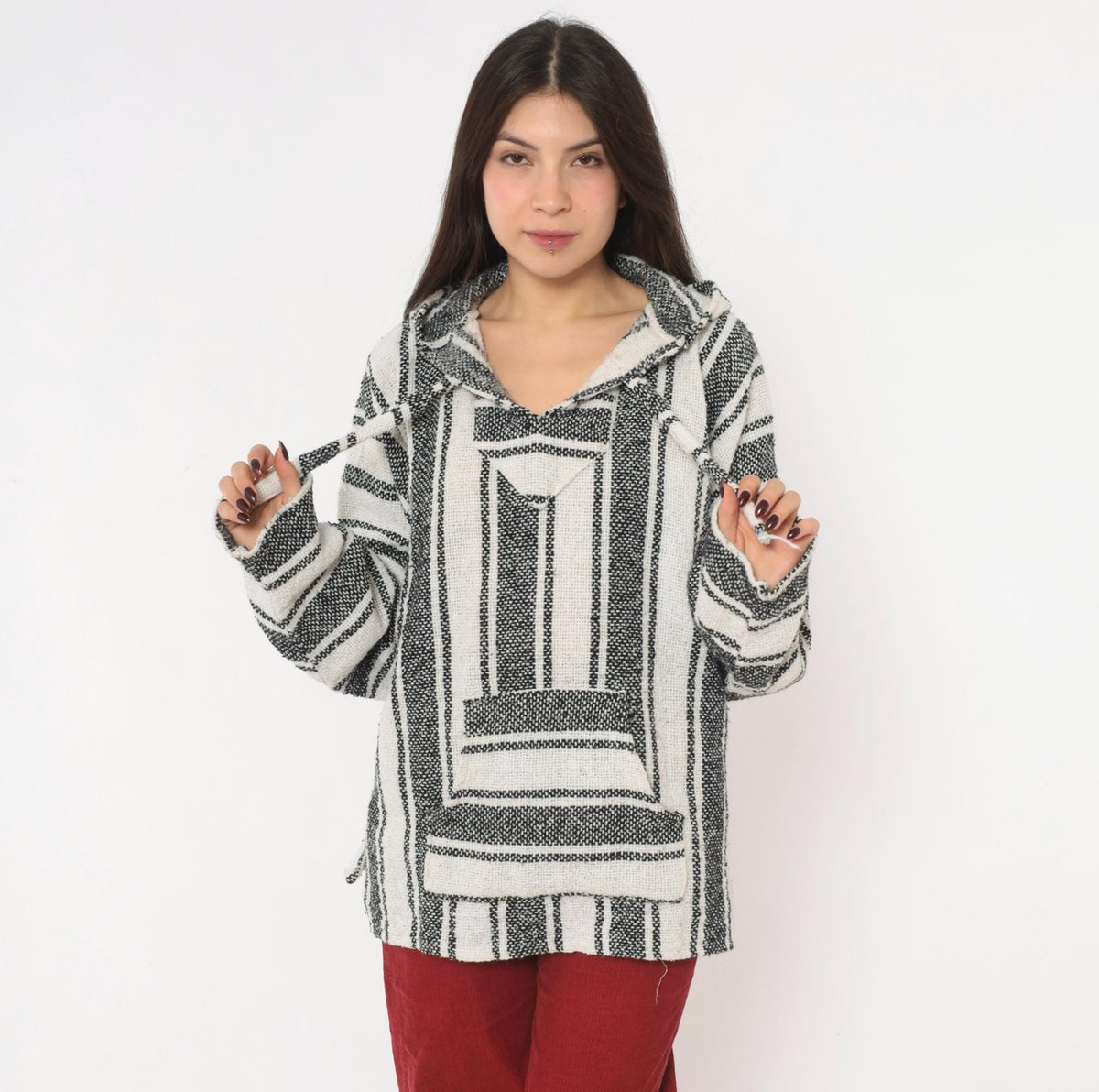 90s Baja Hoodie Black White Striped Woven Pullover Kangaroo Pocket Large L